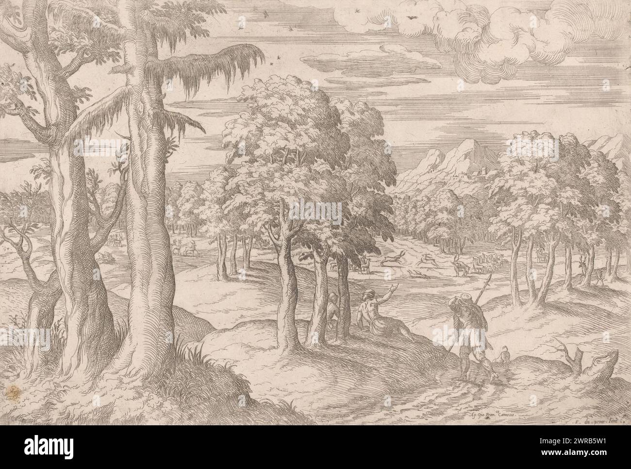 Landschaft mit Hirschen und Jägern, Druckerei: Etienne Dupérac, Verlag: Giovanni Francesco Camocio, Druckerei: Frankreich, Verlag: Venedig, 1550 - 1575, Papier, Ätzen, Höhe 268 mm x Breite 394 mm, bedruckt Stockfoto