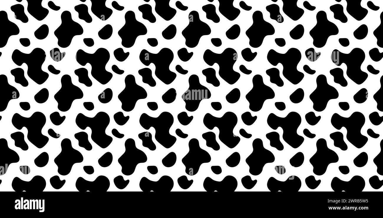 Nahtloses Kuhfell-Muster. Abstrakte, unebene organische Formen im Hintergrund. Dalmatinisches, Leoparden- oder Giraffen-Pelz. Schwarze Flecken Tarntextur. Tierledervorlage. Illustration der Vektorabwicklung. Stock Vektor