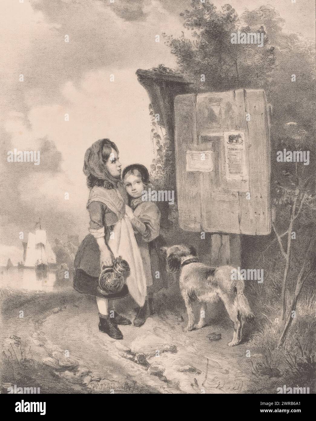 Zwei Kinder und ein Hund auf einer Landstraße, Druckerei: Johannes Christiaan d’Arnaud Gerkens, nach Entwurf: Wijnand Nuijen, Drucker: Jan Dam Steuerwald, den Haag, 1833 - 1863, Papier, Höhe 362 mm x Breite 271 mm, Druck Stockfoto