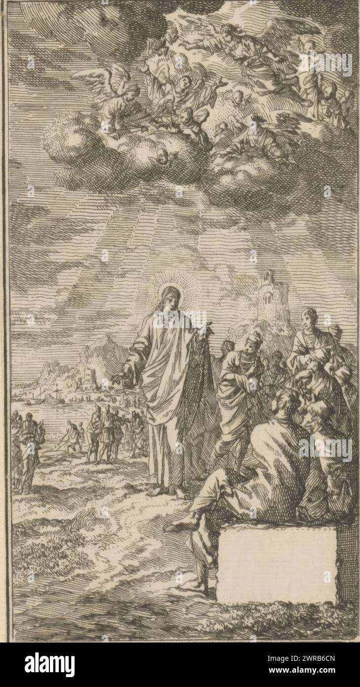 Jesus predigt am Ufer des Sees, Druckerei: Jan Luyken, 1659–1712, Papier, Ätzen, Druck Stockfoto