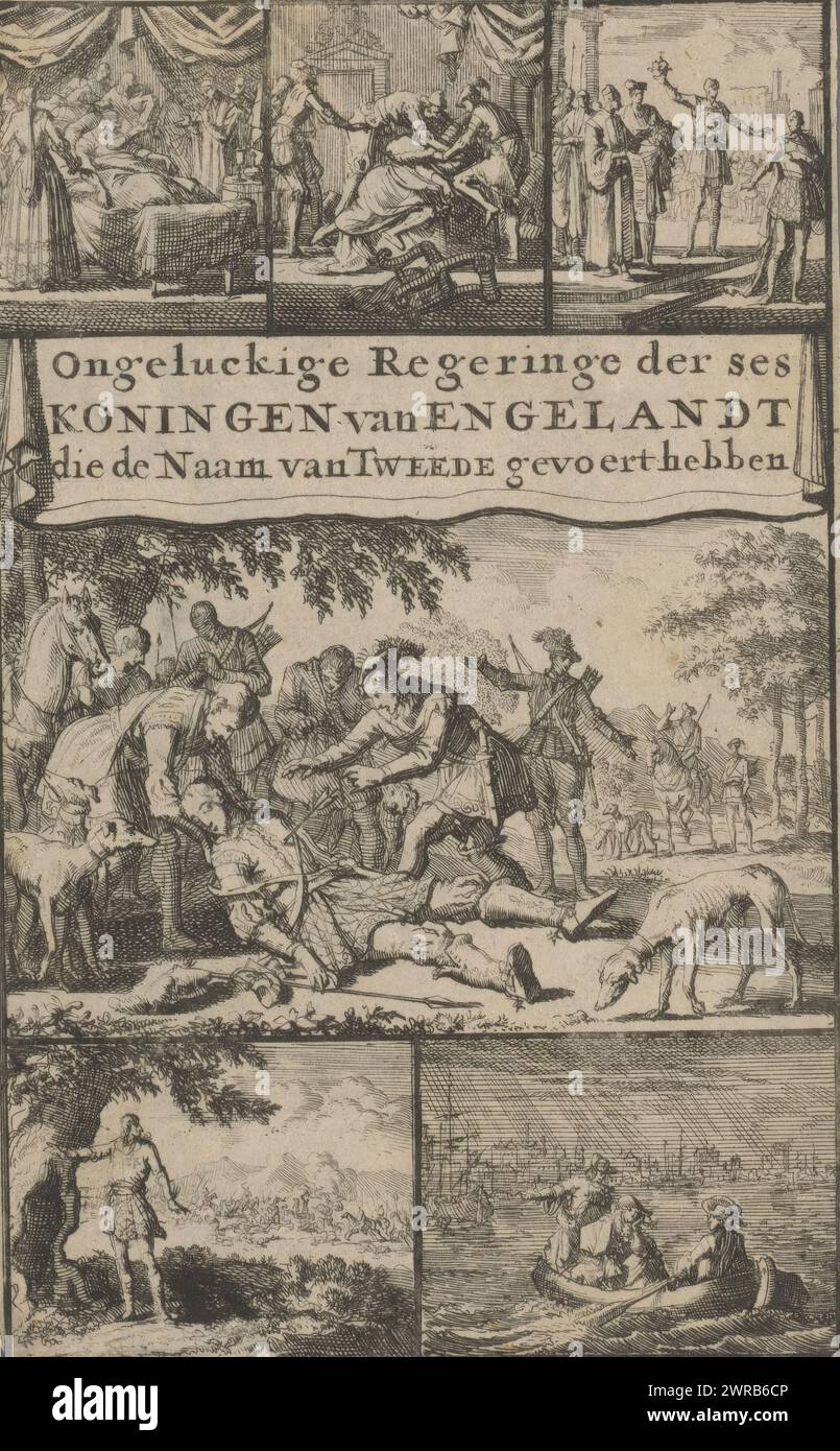 Titeldruck 'unglückliche Regierung der sechs Könige von England', Druckerei: Jan Luyken, 1659 - 1712, Papier, Ätzen, Druck Stockfoto