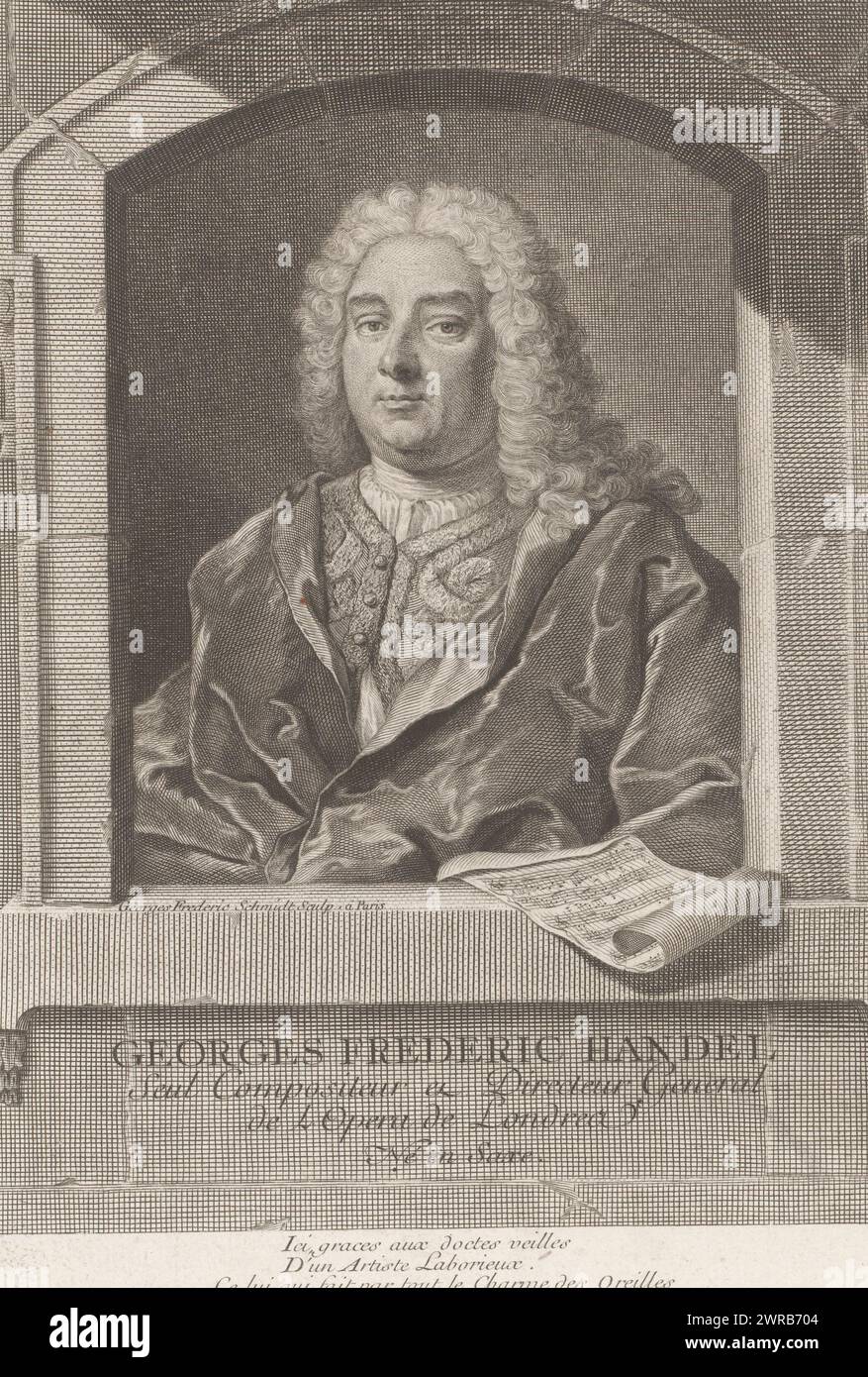 Porträt von Georg Friedrich Händel, Druckerei: Georg Friedrich Schmidt, Paris, 1722 - 1775, Papier, Gravur, Ätzen, Höhe 287 mm x Breite 205 mm, bedruckt Stockfoto