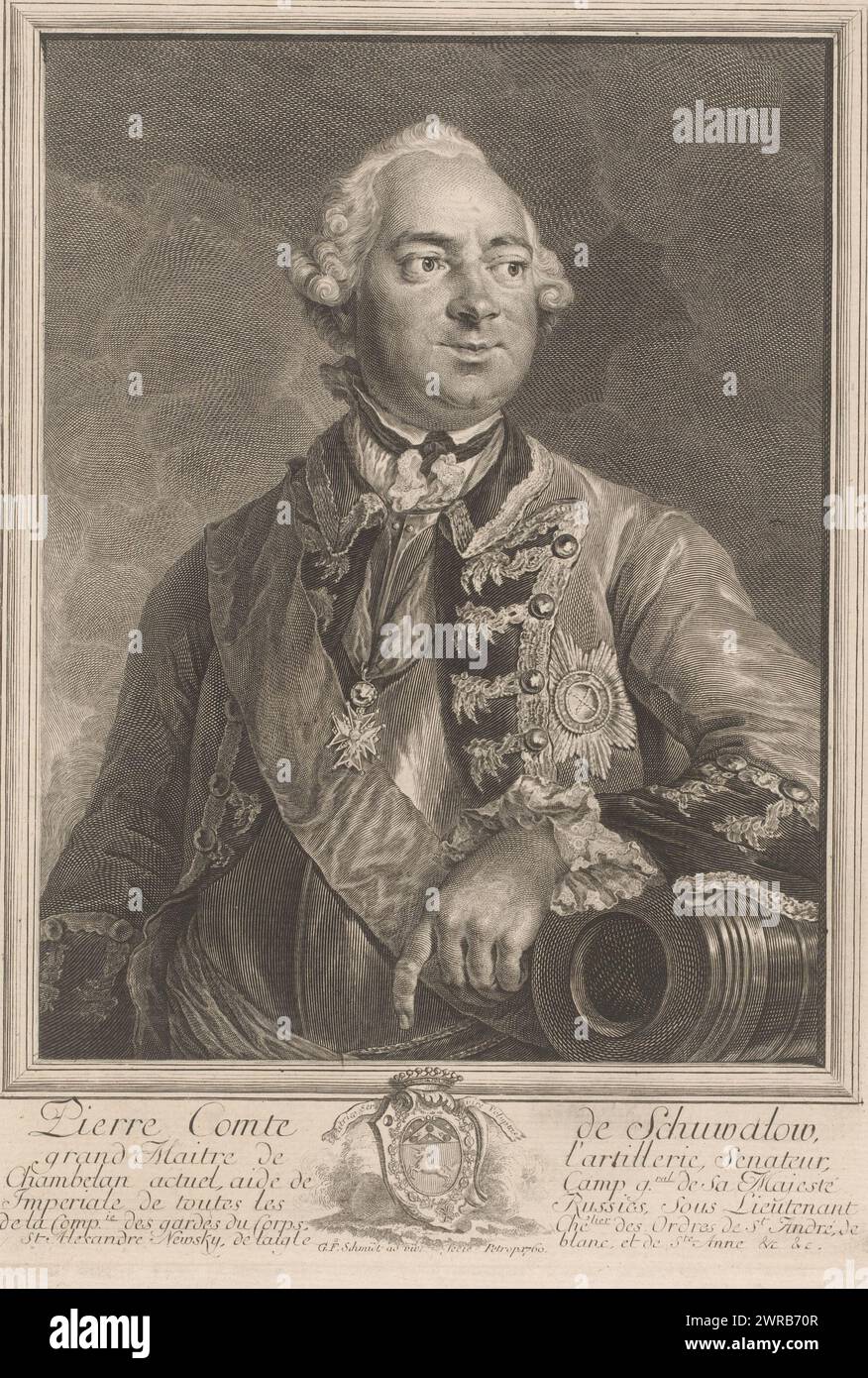 Porträt von Peter Iwanowitsch Schuwalow, Druckerei: Georg Friedrich Schmidt, Sint-Petersburg, 1760, Papier, Kupferstich, Ätzen, Höhe 288 mm x Breite 208 mm, bedruckt Stockfoto