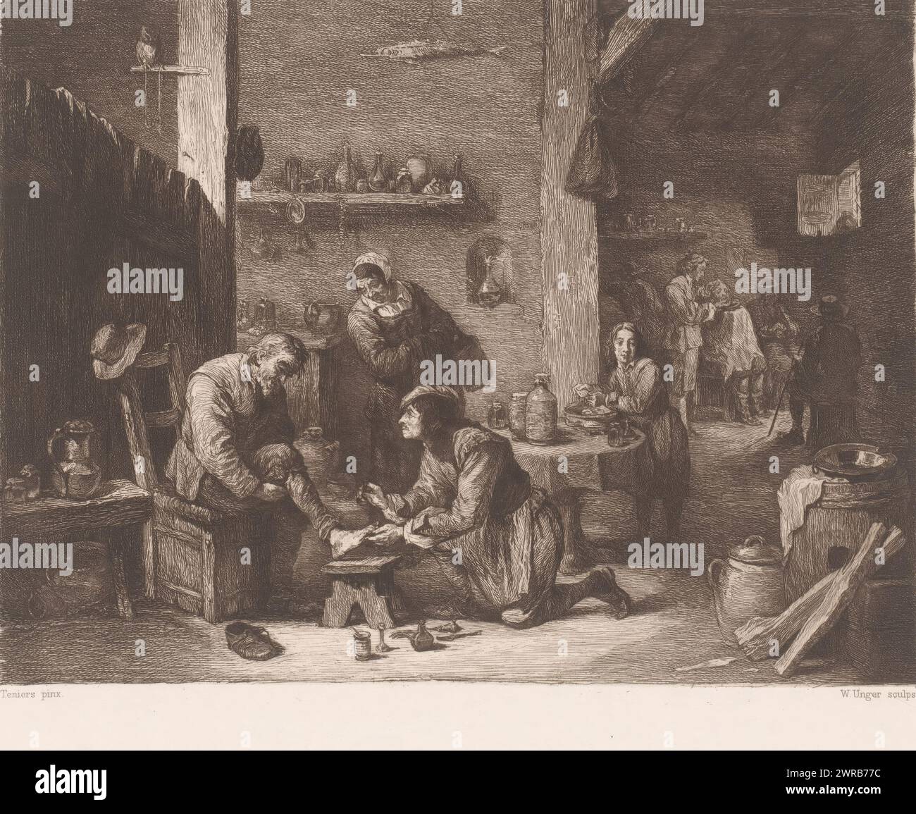 Inneneinrichtung mit einem Arzt und einem Friseur, Druckerei: William Unger, nach Malerei von: David Teniers (II), Deutschland, 1847 - 1889, Papier, Ätzen, Höhe 199 mm x Breite 276 mm, bedruckt Stockfoto