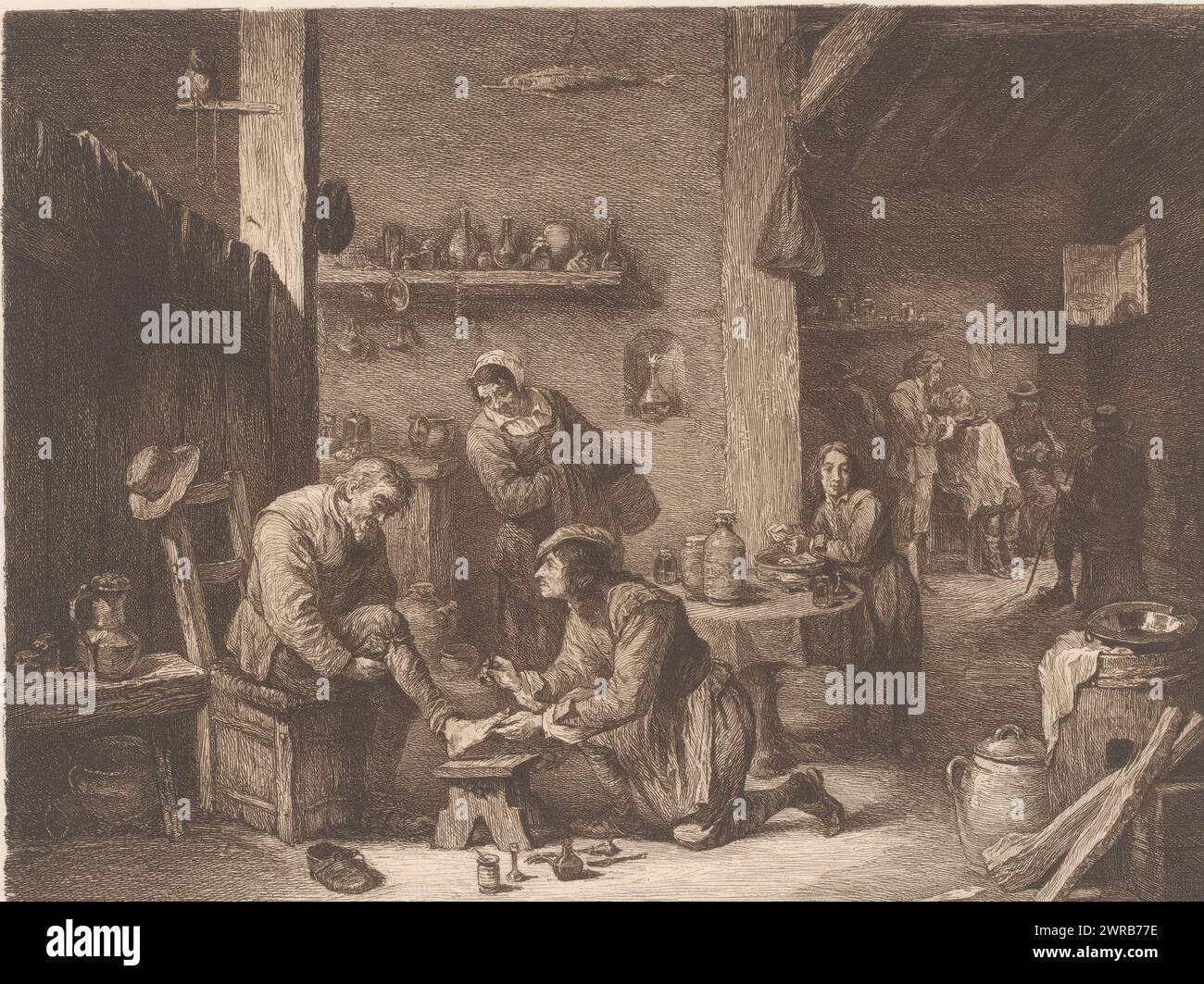 Inneneinrichtung mit einem Arzt und einem Friseur, Druckerei: William Unger, nach Malerei von: David Teniers (II), Deutschland, 1847 - 1889, Papier, Ätzen, Höhe 201 mm x Breite 275 mm, bedruckt Stockfoto