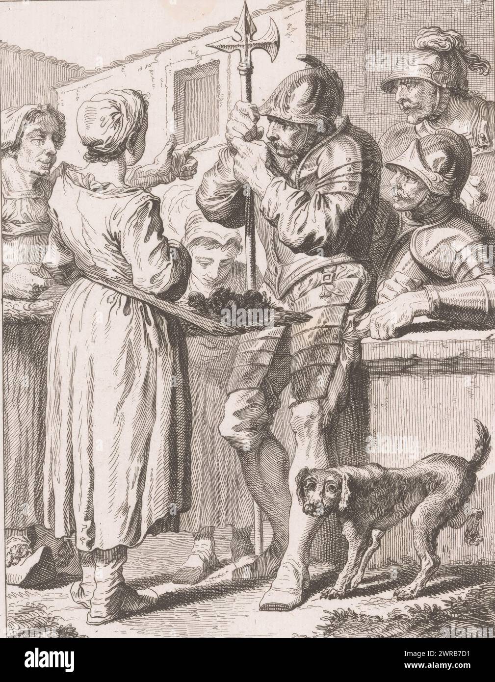 Soldaten im Gespräch mit Marktfrauen, Soldaten (Serientitel), nummeriert oben rechts: 10., Druckerei: Johann Georg Wille, nach Entwurf: Charles Parrocel, Paris, 1753, Papier, Radierung, Höhe 202 mm x Breite 149 mm, bedruckt Stockfoto