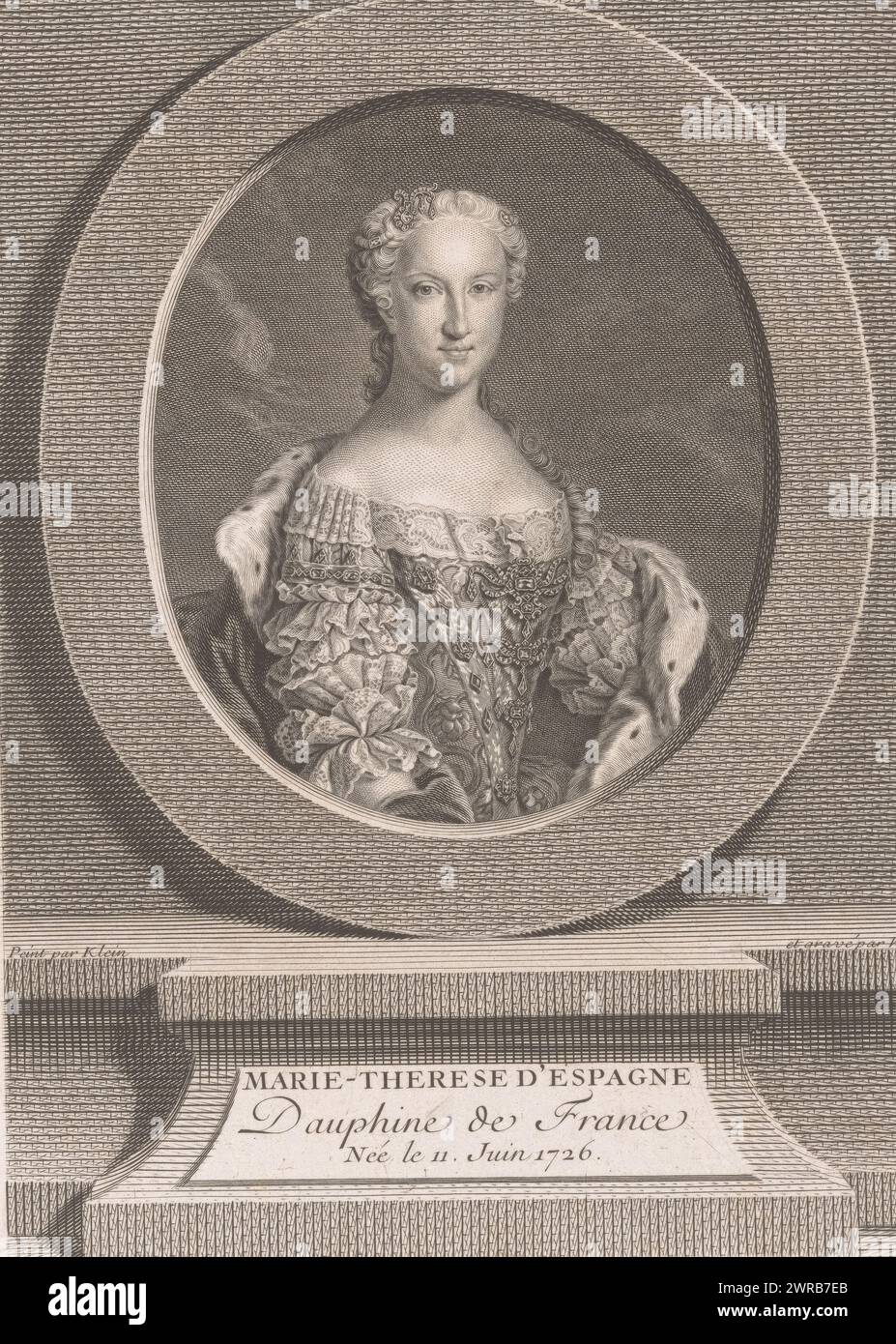 Porträt Maria Theresia von Bourbon, Druckerei: Johann Georg Wille, nach Entwurf: Daniel Klein (II), Verlag: Johann Georg Wille, Druckerei: Frankreich, Verlag: Paris, 1745 - 1808, Papier, Gravur, Höhe 240 mm x Breite 180 mm, bedruckt Stockfoto