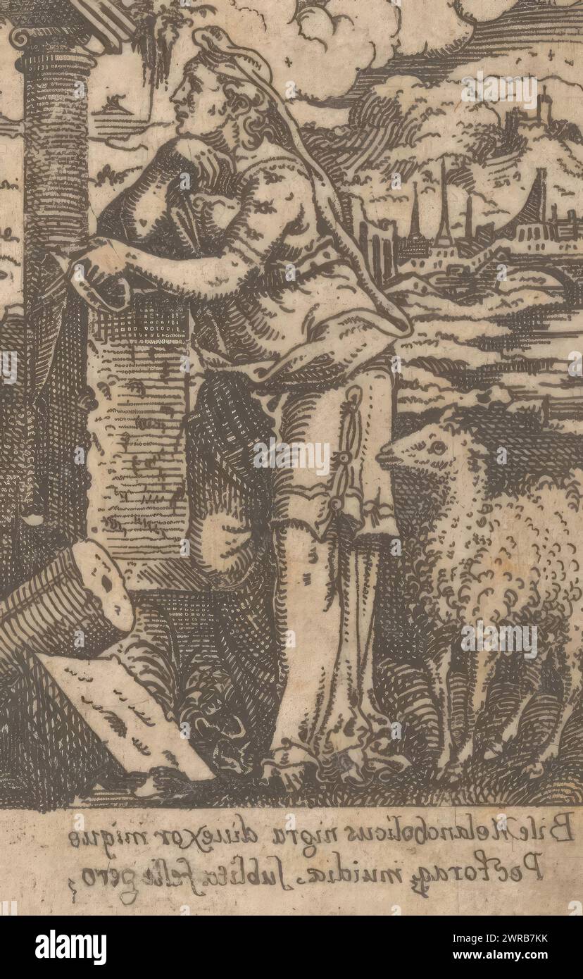 Melancholisches Temperament, Druckerei: Anonym, nach Design von: Jost Amman, Deutschland, 1549 - 1591, Papier, Ätzen, Höhe 65 mm x Breite 40 mm, bedruckt Stockfoto