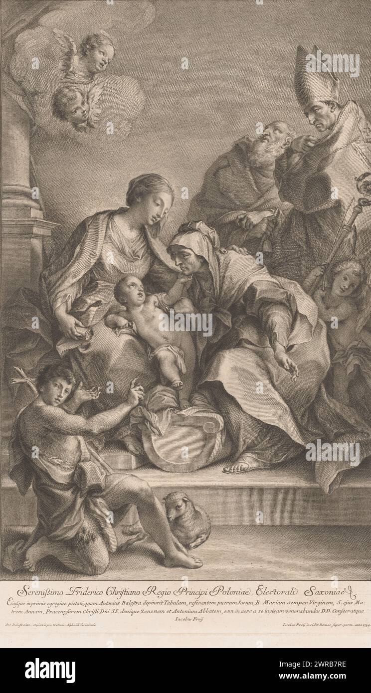 Maria mit Kind, begleitet von der Heiligen Anna, dem heiligen Zeno, dem heiligen Antonius und Johannes dem Täufer, Druckerei: Jakob Frey (I), nach Malerei von Antonio Balestra, nach Entwurf von Antonio Balestra, Rom, 1739, Papier, Radierung, Gravur, Höhe 565 mm x Breite 343 mm, bedruckt Stockfoto