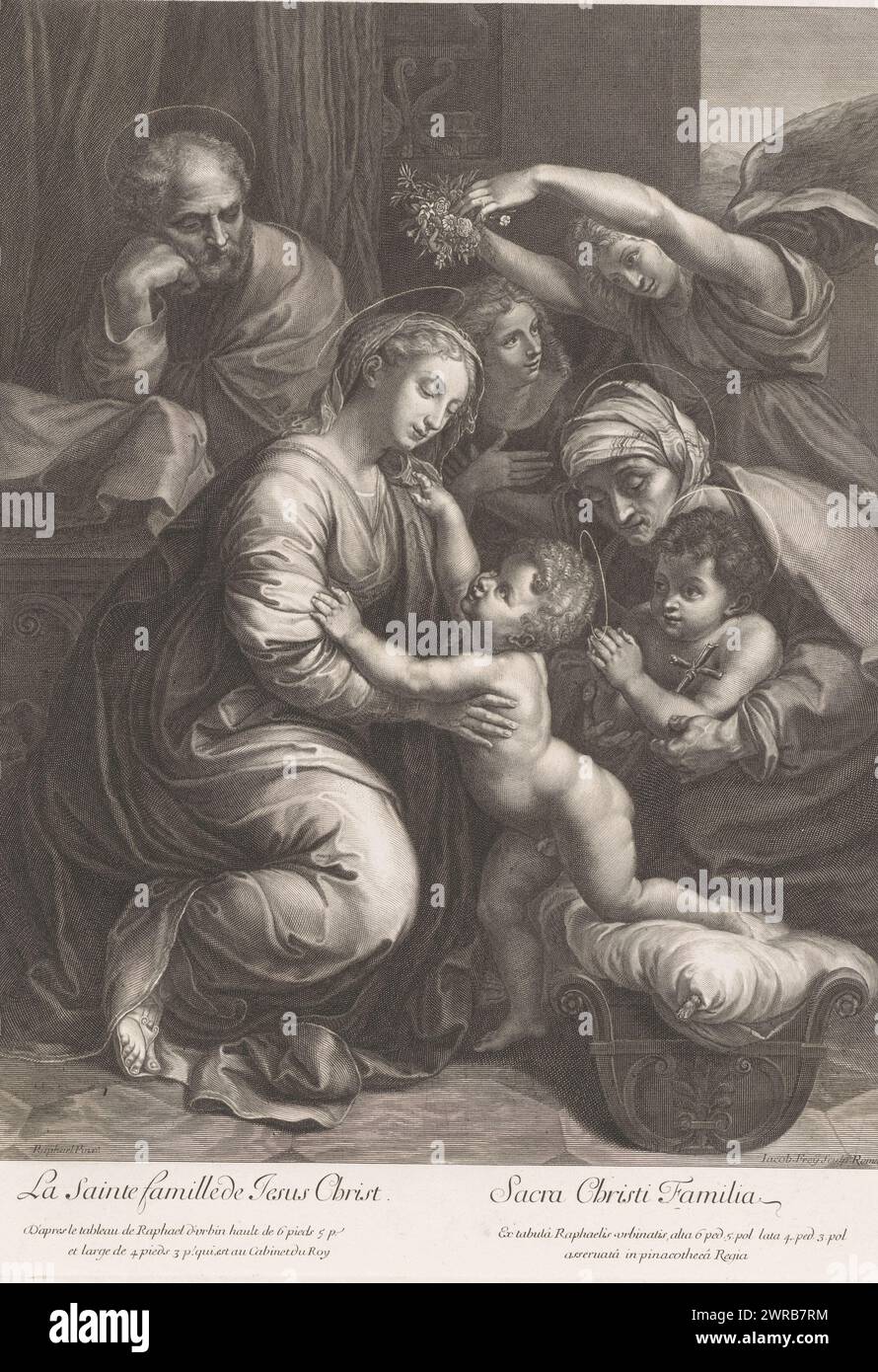 Heilige Familie, La Sainte Famille de Jesus Christus / Sacra Christi Familia, mit Bildunterschrift in Französisch und Lateinisch., Druckerei: Jakob Frey (I), nach Malerei von: Rafaël, Rom, 1691 - 1752, Papier, Radierung, Gravur, Höhe 435 mm x Breite 314 mm, bedruckt Stockfoto