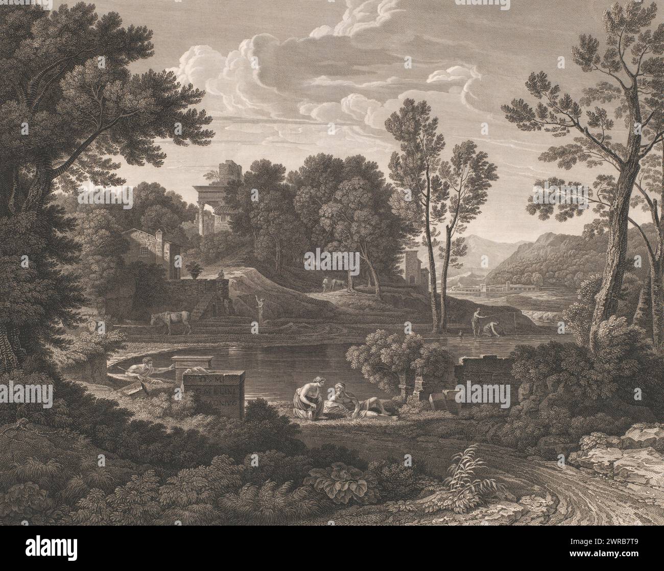 Arkadische Landschaft mit Grabdenkmälern, Druckerei: Wilhelm Friedrich Gmelin, nach Malerei von Nicolas Poussin, Rom, 1770 - 1820, Papier, Radierung, Gravur, Höhe 482 mm x Breite 590 mm, bedruckt Stockfoto