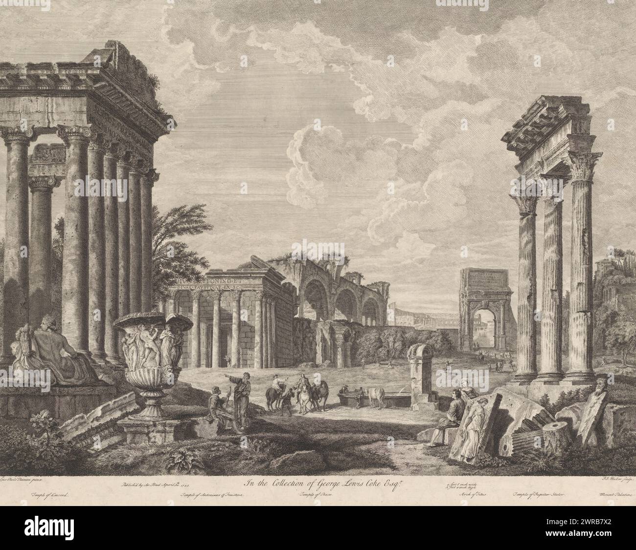 Ruinenlandschaft mit dem Tempel des Antonius und Faustina, dem Titusbogen und dem Tempel des Jupiter Optimus Maximus, Text in englischer Sprache am unteren Rand. Im Hintergrund das Kolosseum, die Basilika Maxentius und rechts der Palatin., Druckerei: Johann Sebastian Müller, nach Malerei von: Giovanni Paolo Pannini, Verlag: Arthur Pond, London, 1745, Papier, Ätzen, Höhe 485 mm x Breite 614 mm, bedruckt Stockfoto