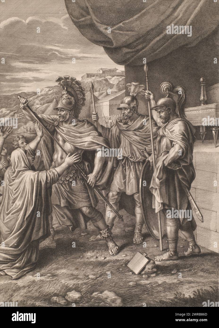 Volumnia mit ihren Söhnen vor Coriolanus (rechter Teil), Druckerei: Gérard Audran, nach Malerei: Nicolas Poussin, Verlag: Gérard Audran, Druckerei: Frankreich, Verlag: Paris, 1650 - 1703, Papier, Ätzen, Gravieren, Höhe 717 mm x Breite 490 mm, Druck Stockfoto