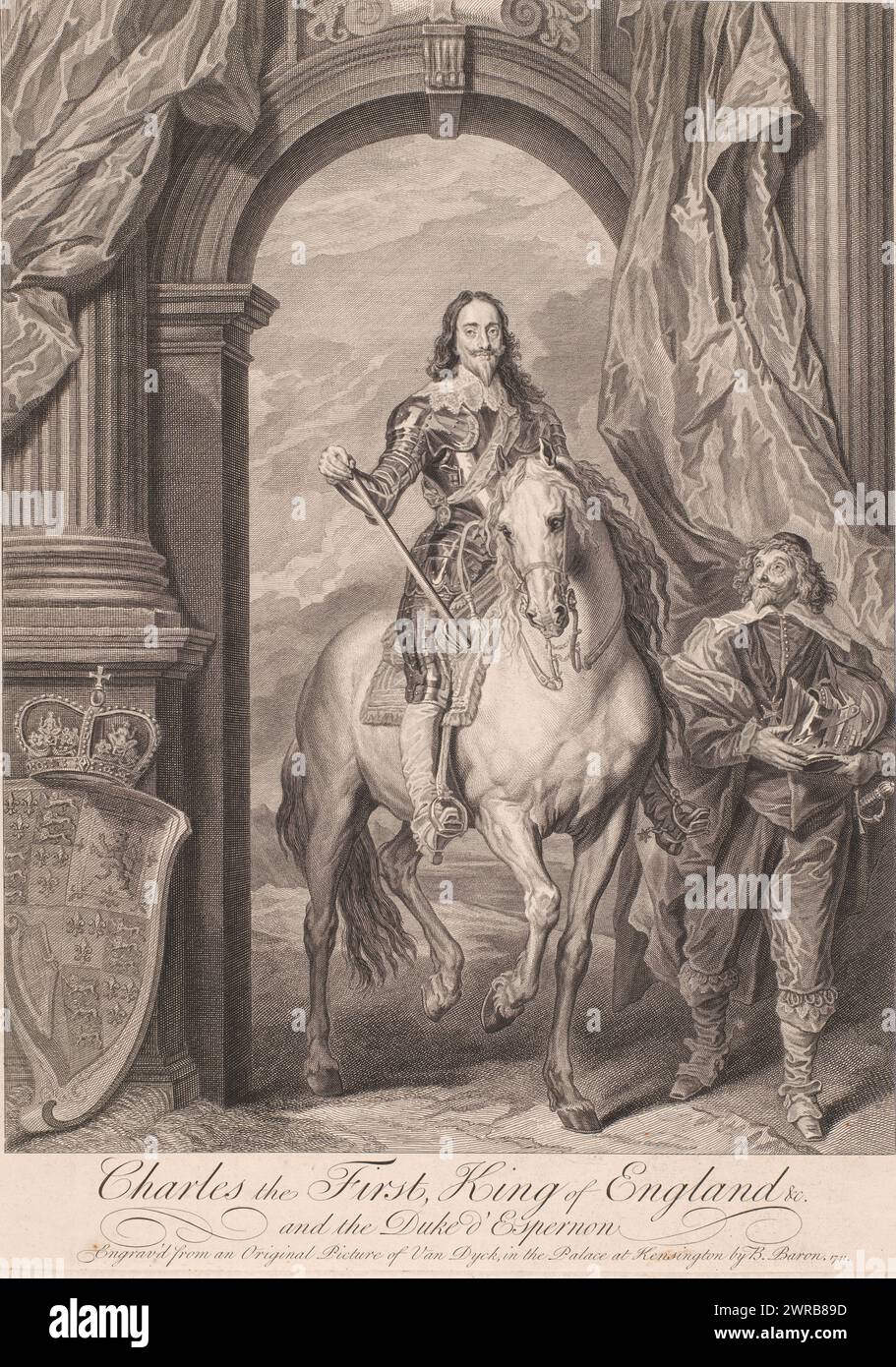 Porträt von König Karl I. zu Pferd und Bernard de Nogaret de La Valette, Herzog von Epernon, Karl I., König von England und Herzog von Espernon (Titel über Objekt), Druckerei: Bernard Baron, nach Malerei von Anthony van Dyck, Kensington, (möglicherweise), 1741, Papier, Ätzen, Gravieren, Höhe 570 mm x Breite 424 mm, Druck Stockfoto