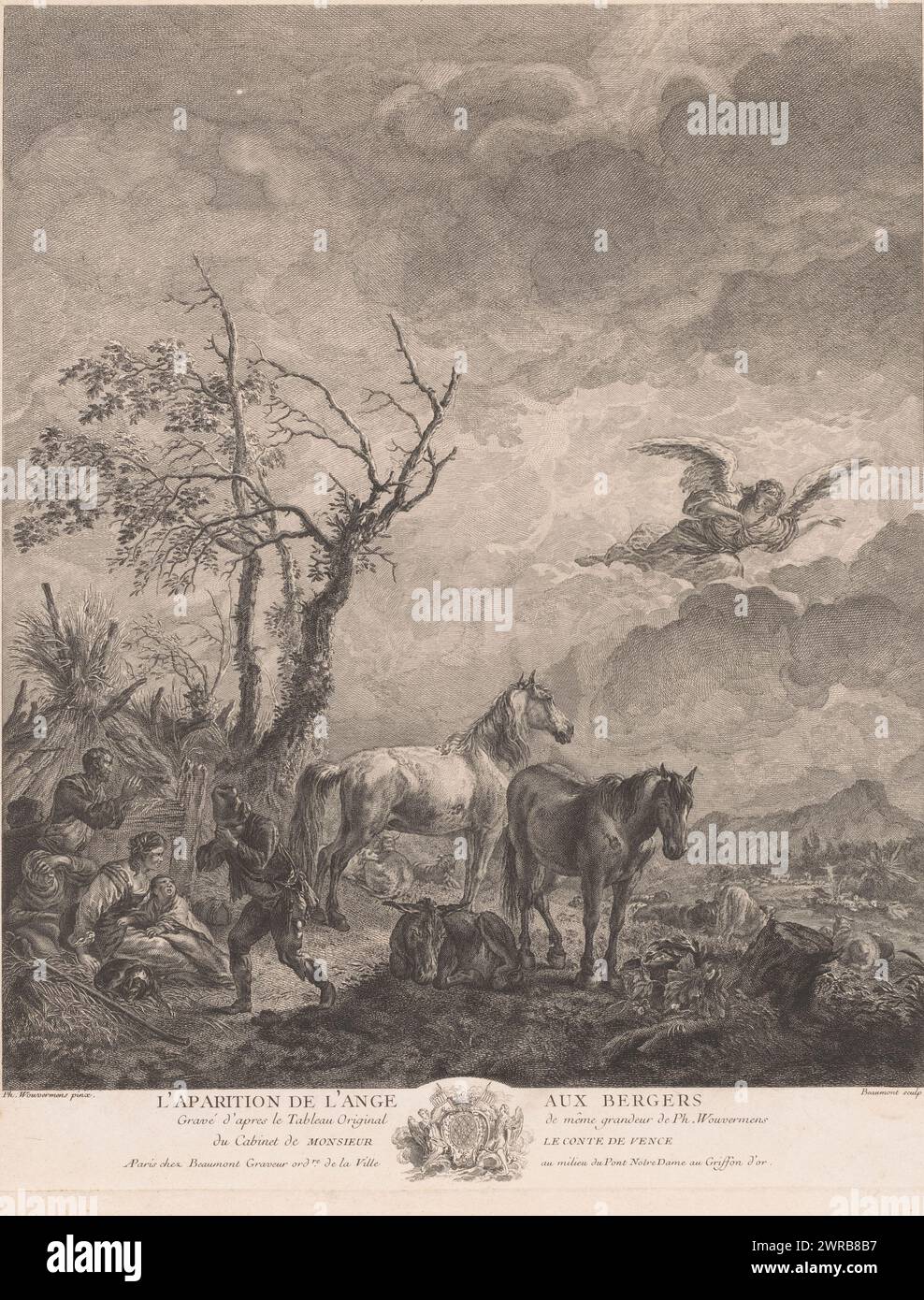 Ansage an die Hirten, L'Apparition de l'ange aux bergers (Titel zum Objekt), Druckerei: Pierre Francois Beaumont, nach Malerei von: Philips Wouwerman, Verlag: Pierre Francois Beaumont, Paris, um 1735 - ca. 1740, Papier, Radierung, Gravur, Höhe 457 mm x Breite 370 mm, Druck Stockfoto