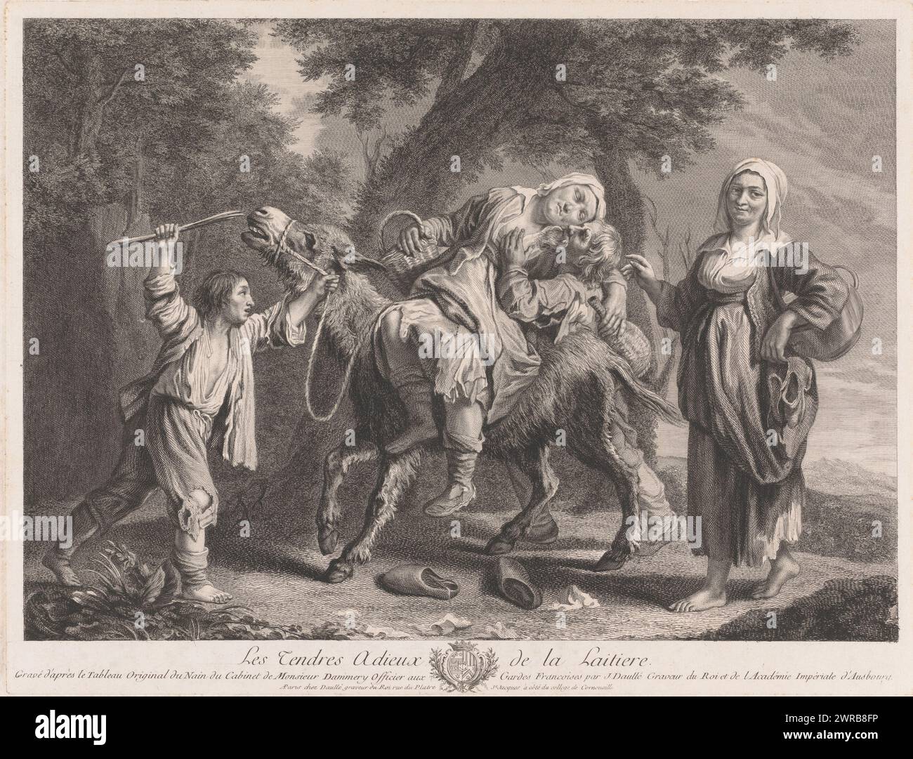 Abschied von der Milkmaid, Les Tendres Adieux de la Laitiere (Titel über Objekt), Drucke nach Le Nain (Titel der Serie), Druckerei: Jean Daullé, nach Malerei von: Le Nain, Verlag: Jean Daullé, Paris, 1759, Papier, Gravur, Ätzen, Höhe 389 mm x Breite 510 mm, Druck Stockfoto