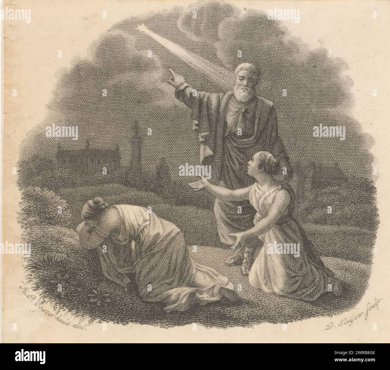 Mann weist zwei Frauen auf einen Stern, Printmacher: Dirk Sluyter, nach Zeichnung von: Haatje Pieters Oosterhuis, 1800 - 1852, Papier, Radierung, Gravur, Höhe 74 mm x Breite 83 mm, bedruckt Stockfoto