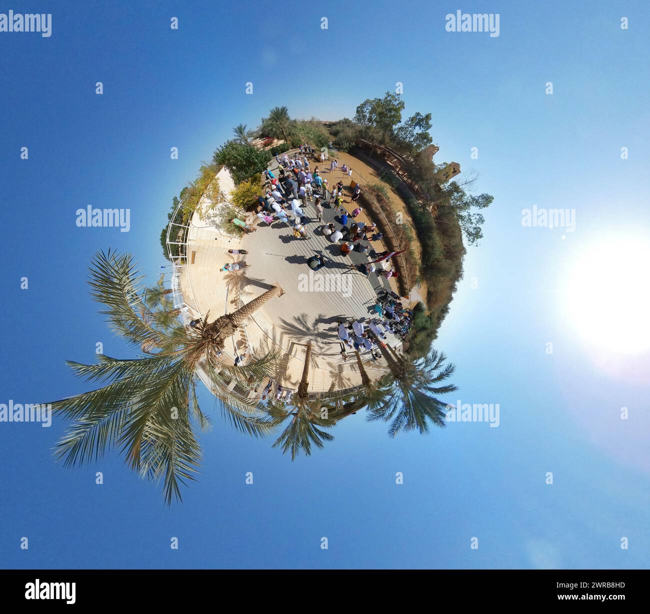 Full Circle-Panorama: Qasr el Yahud, Grenzuebergang zwischen dem Westjordanland und Jordanien, Fluss Jordan bei Jericho, Westjordanland/ Westbank, PAL Stockfoto