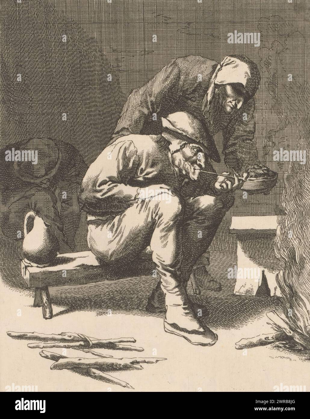 Pfeifenrauchender Mann am Kamin, einfache Innenräume (Serientitel), Pfeifenrauchender Mann sitzt auf einer niedrigen Holzbank am Kamin. Hinter ihm befindet sich eine alte Frau, die ihm einen Brandversuch präsentiert., Druckerei: Jan de Visscher, nach Zeichnung von: Adriaen Brouwer, 1643 - 1677, Papier, Ätzen, Höhe 217 mm x Breite 163 mm, Druck Stockfoto