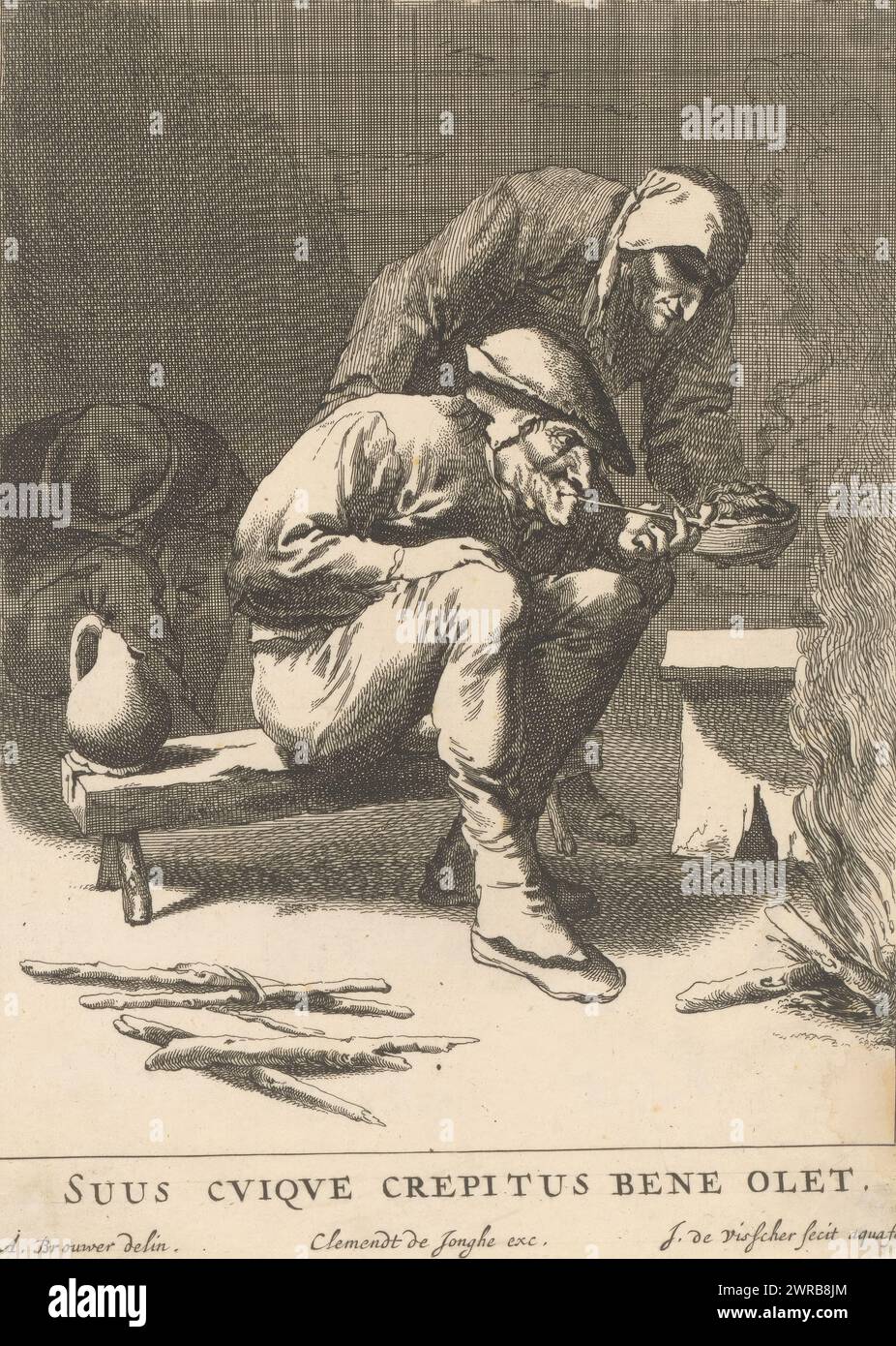 Pfeifenrauchender Mann am Kamin, Suus cuique crepitus bene olet (Titel über Objekt), einfache Innenräume (Serientitel), Pfeifenrauchender Mann, der auf einer niedrigen Holzbank am Kamin sitzt. Hinter ihm befindet sich eine alte Frau, die ihm einen Brandversuch vorstellt., Druckerei: Jan de Visscher, nach Zeichnung von: Adriaen Brouwer, Verlag: Clement de Jonghe, Amsterdam, 1643 - 1677, Papier, Ätzen, Höhe 208 mm x Breite 151 mm, bedruckt Stockfoto