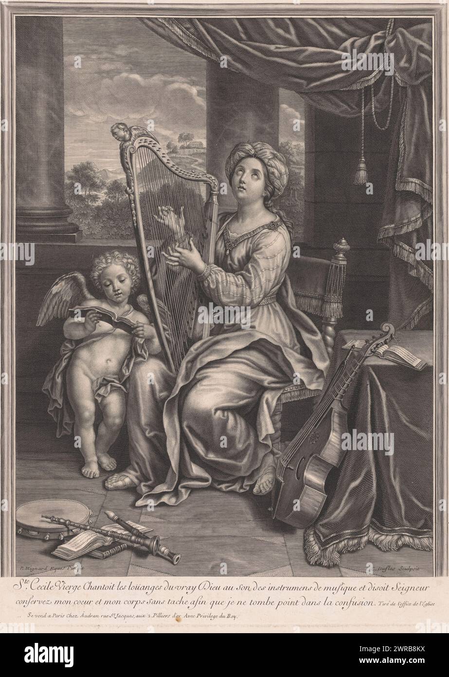 Saint Cecilia mit Harfe und Engel, Druckerei: Claude Duflos, nach Malerei: Pierre Mignard (1612-1695), Verlag: Gérard Audran, Verlag: Paris, Frankreich, 1691-1703, Papier, Gravur, Ätzen, Höhe 555 mm x Breite 405 mm, Druck Stockfoto