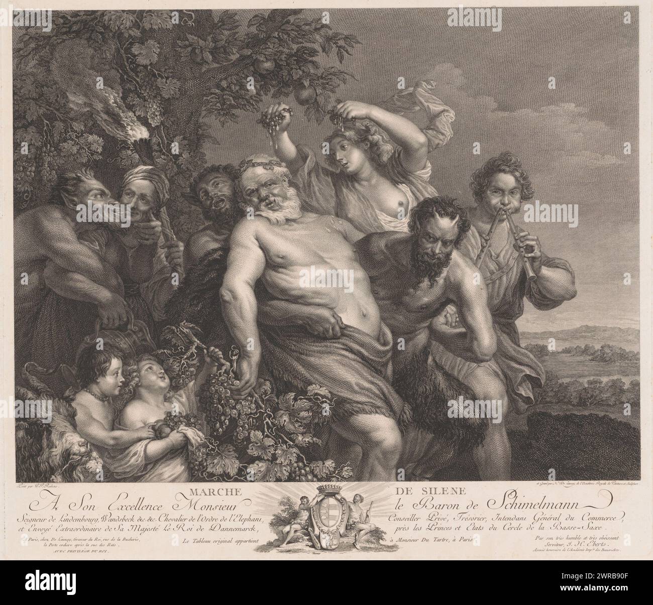 Drunken Silenus, Marche de Silene (Titel zum Objekt), Druckerei: Nicolas de Launay (Goudsmid), nach Malerei von: Peter Paul Rubens, Verlag: Nicolas de Launay (Goudsmid), Druckerei: Frankreich, Verlag: Paris, Frankreich, Frankreich, Frankreich, Frankreich, 1777, Papier, Ätzen, Gravieren, Höhe 412 mm x Breite 477 mm, bedruckt Stockfoto