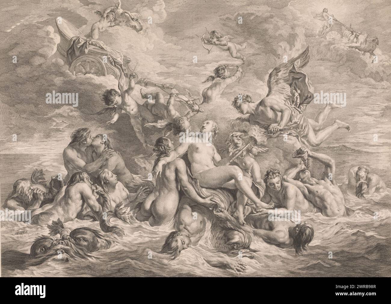 Meeresgötter und Delfine, Druckerei: Anonym, Frankreich, 1650 - 1700, Papier, Ätzen, Gravieren, Höhe 455 mm x Breite 580 mm, Druck Stockfoto