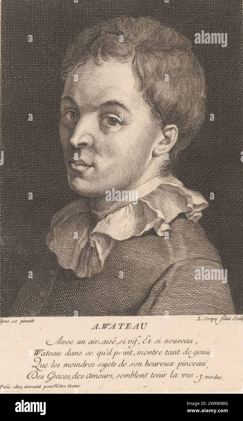Porträt von Jean Antoine Watteau, Druckerei: Louis Crépy, nach dem Malen von: Jean Antoine Watteau, Verlag: Edme Francois Gersaint, Druckerei: Frankreich, nach dem Malen von: Frankreich, Verlag: Paris, um 1727, Papier, Radierung, Gravur, Höhe 204 mm x Breite 139 mm, bedruckt Stockfoto