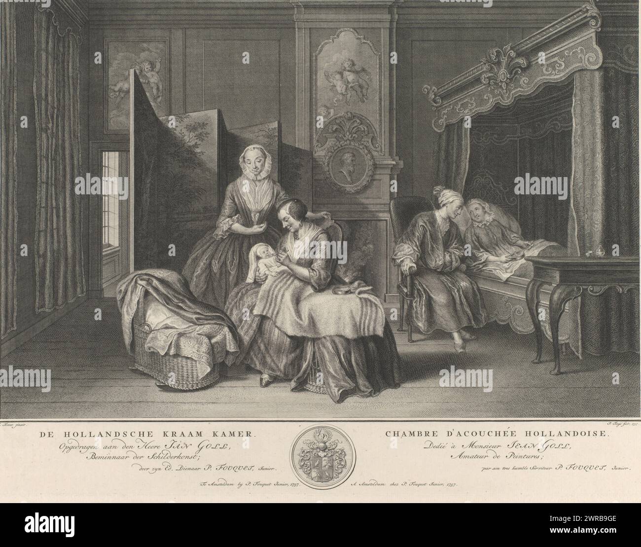 Niederländisches Entbindungszimmer, de Hollandsche Entbindungszimmer / Chambre d'acouchée hollandoise (Titel auf Objekt), im Entbindungszimmer füttert eine Krankenschwester das Baby, während eine andere Frau zusieht. Rechts liegt die Mutter in einem Himmelbett. Ihr Mann sitzt neben ihr. Am unteren Rand befindet sich das Wappen von Johann Goll von Frankenstein, dem das Originalgemälde gehörte und dem der Druck gewidmet ist., Druckerei: Pieter Tanjé, nach Malerei von: Cornelis Troost, Verlag: Pierre Fouquet, Amsterdam, 1757, Papier, Ätzen, Gravieren, Höhe 381 mm x Breite 498 mm Stockfoto