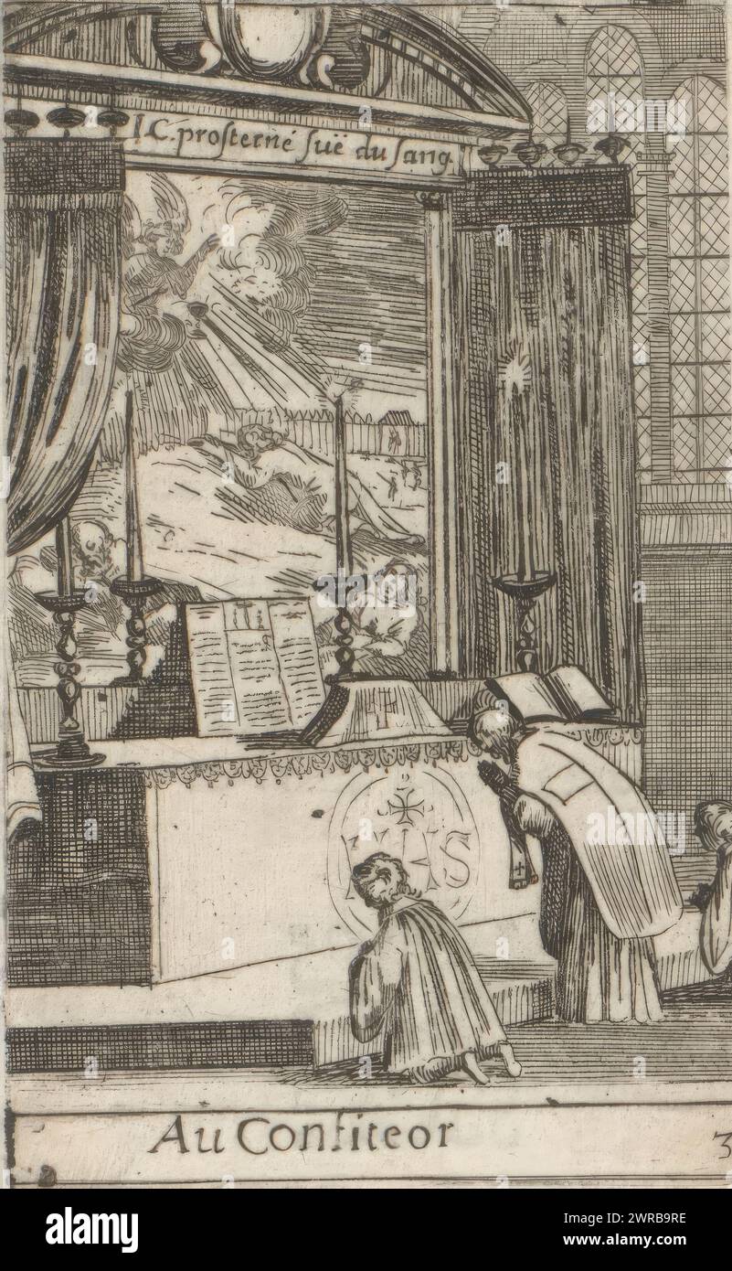 Priester und zwei Altarknaben kniend vor einem Altar, Au Confiteor (Titel auf Objekt), nummeriert unten rechts: 3., Druckerei: Sébastien Leclerc (I), Lodewijk XIV (koning van Frankrijk), Frankreich, 1661, Papier, Ätzung, Buchdruck, Höhe 80 mm x Breite 52 mm, Druck Stockfoto