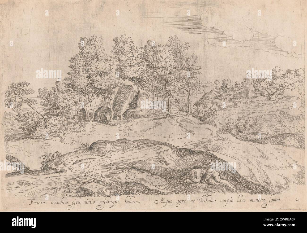 Landschaft mit Häusern und einem schlafenden Mann im Vordergrund, Landschaften nach Campagnola (Serientitel), mit lateinischer Unterschrift., Druckerei: Nicolas Pierre Loir, (zugeschrieben), nach Zeichnung von: Domenico Campagnola, (zugeschrieben), 1634 - 1679, Papier, Radierung, Höhe 260 mm x Breite 377 mm, bedruckt Stockfoto