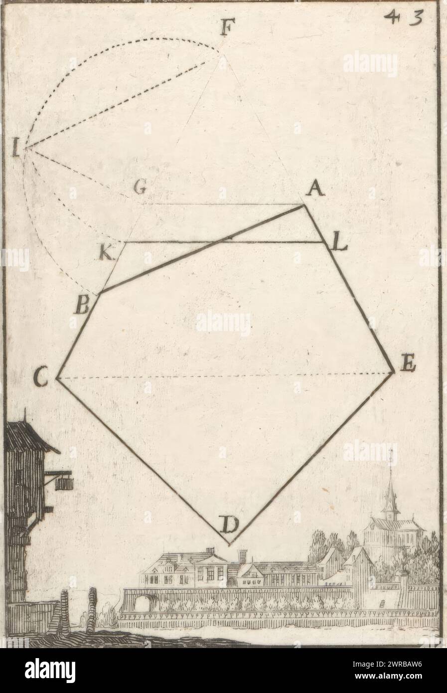 Parallele Seiten mit Blick auf eine Stadt unten, nummeriert oben rechts: 43., Druckerei: Sébastien Leclerc (I), Verlag: Thomas Jolly, Jean-Baptiste Colbert de Seignelay, Druckerei: Frankreich, Verlag: Paris, 1669, Papier, Ätzen, Höhe 96 mm x Breite 67 mm, bedruckt Stockfoto