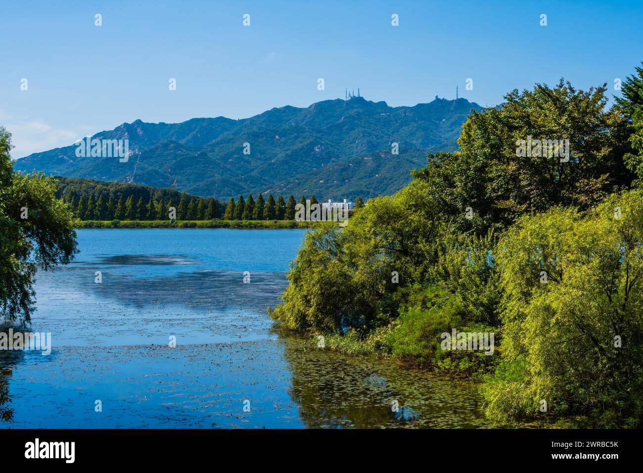 Ein malerischer See inmitten von Bergen und einem leuchtend blauen Himmel in Südkorea Stockfoto