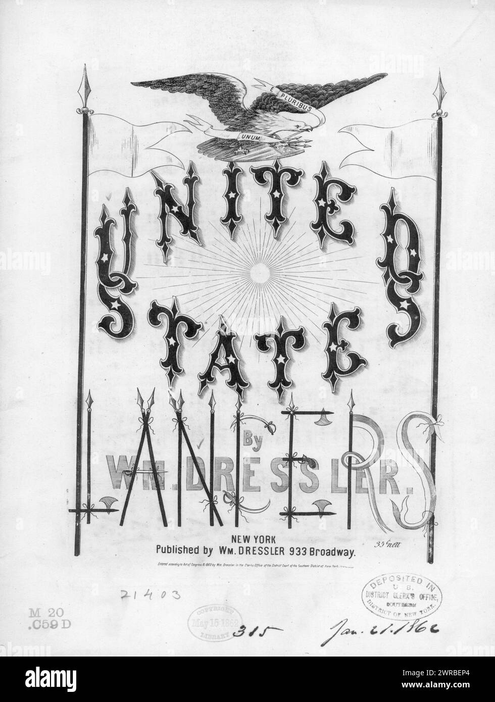 US-Lancer, Dressler, WM. (komponist), WM. Dressler, New York, 1862., Vereinigte Staaten, Geschichte, Bürgerkrieg, 1861-1865, Lieder und Musik Stockfoto