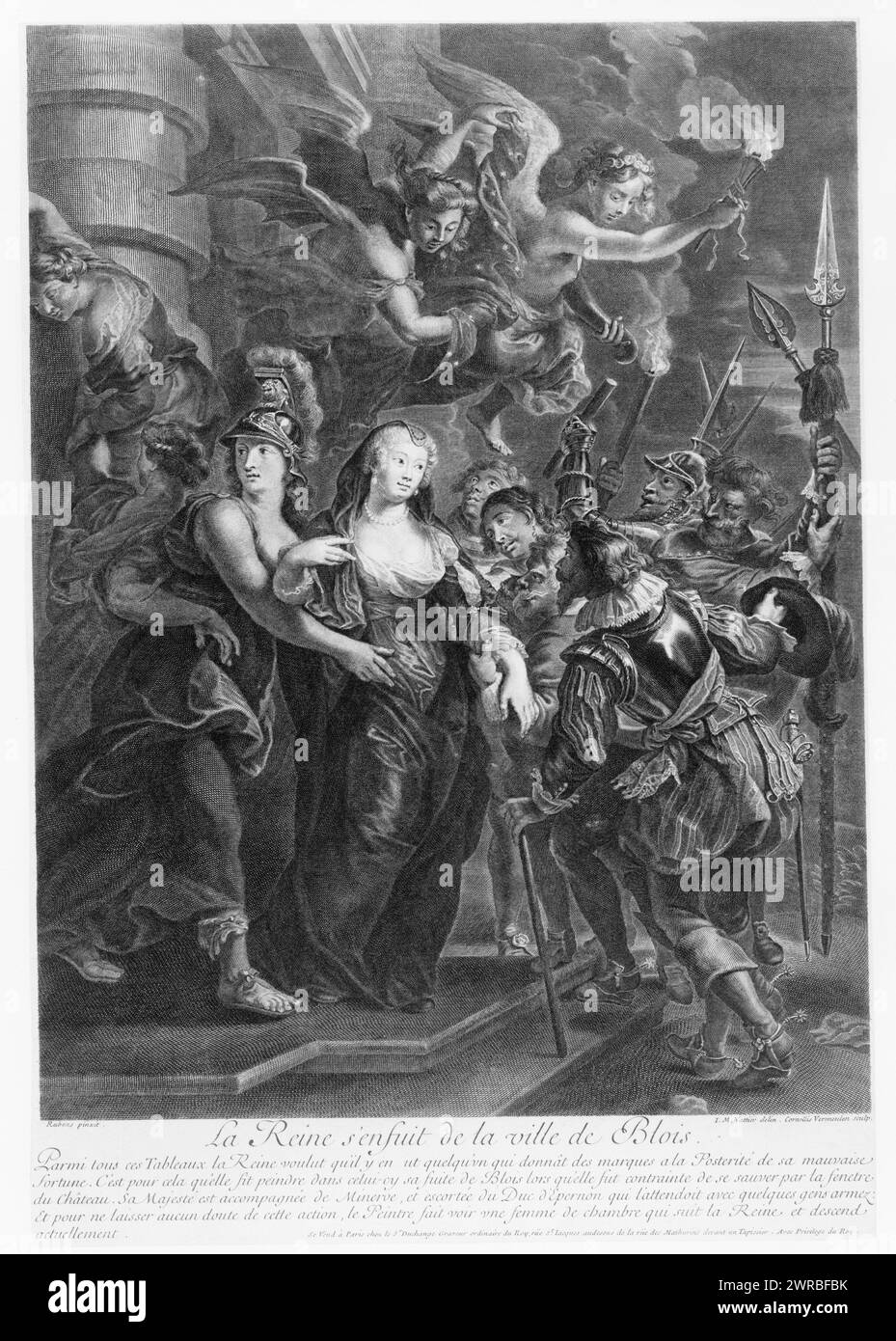 La reine s'enfuit de la ville de Blois, Parmi tous ces tableaux ... Et descend actuellement, Rubens pinxit., J. M. Nattier delin., Cornelis Vermeulen Sculp., Königin Marie de Médicis von Frankreich, die mit Hilfe von Engeln und Militärs aus der Stadt Blois floh., Vermeulen, Cornelis, ca. 1644-ca. 1708, Stecher, zwischen 1665 und 1709, Marie de Médicis, Königin, Gemahlin Heinrichs IV., König von Frankreich, 1573-1642, Reisen, Stiche, 1660-1710., Stiche, 1660-1710, 1 Druck: Stich Stockfoto