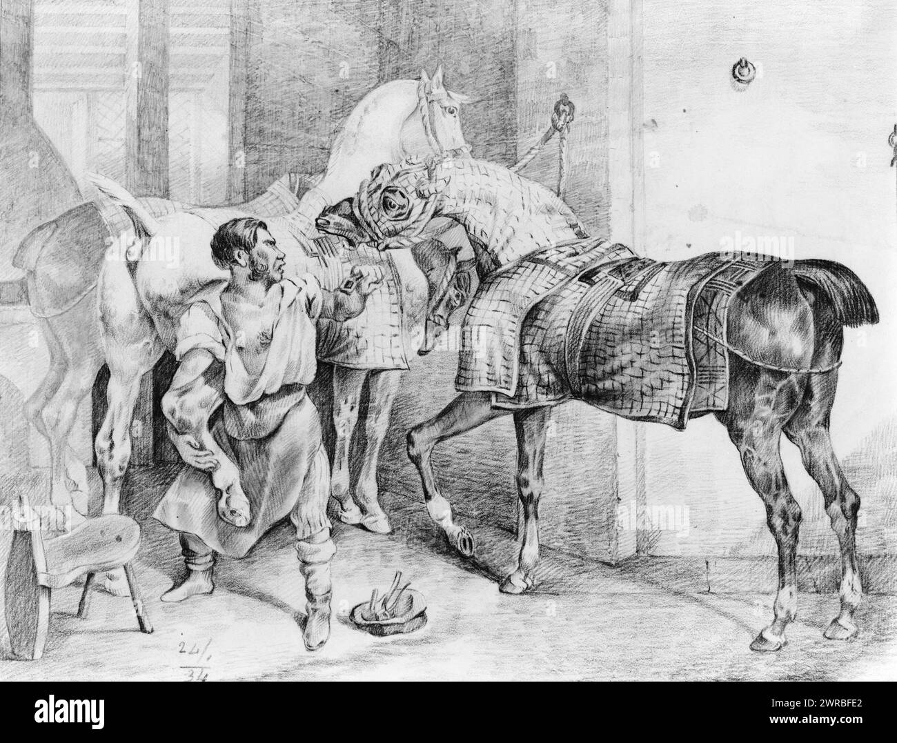 Schmied versucht, ein Pferd zu schlagen, während ein anderes Pferd sich einmischt, 1834?, Pferde, 1830-1840, Kreidezeichnungen, 1830-1840., Buntstiftzeichnungen, 1830-1840, Bleistiftwerke, 1830-1840, 1 Zeichnung: schwarzer Buntstift und Graphit, 28 x 37 cm Stockfoto