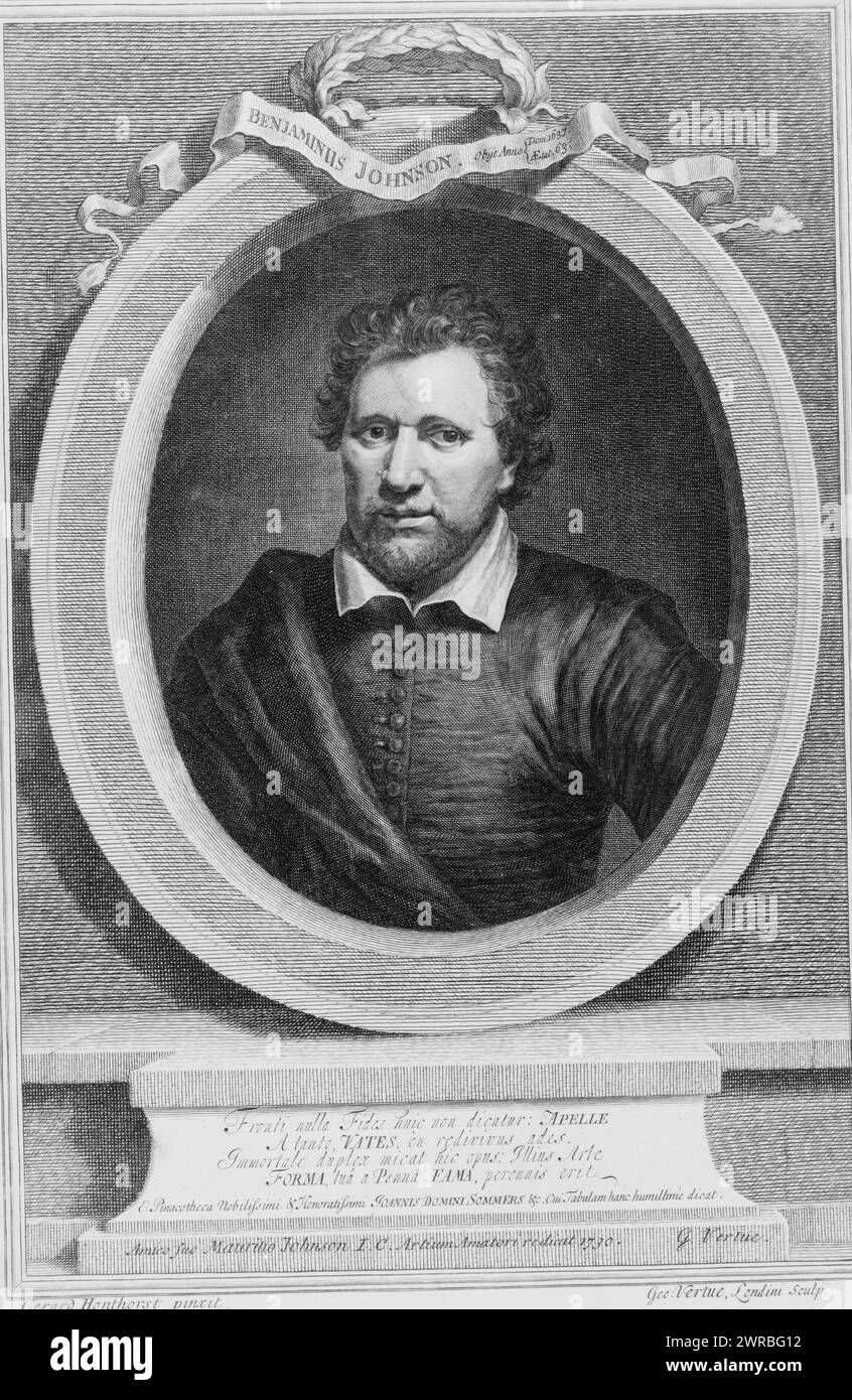 Benjamin Johnson, englischer Schauspieler, Kopf-und-Schultern-Porträt leicht nach links gerichtet, in ornamentalem ovalen Rahmen, Gerard Honthorst Pinxt, Geo Vertue, Londini Sculp., Vertue, George, 1684-1756, Graveur, 1730., Johnson, Benjamin, 1664 oder 1665-1742, Gravuren, 1730., Porträtdrucke, 1730, Gravuren, 1730, 1 Druck: Gravur Stockfoto