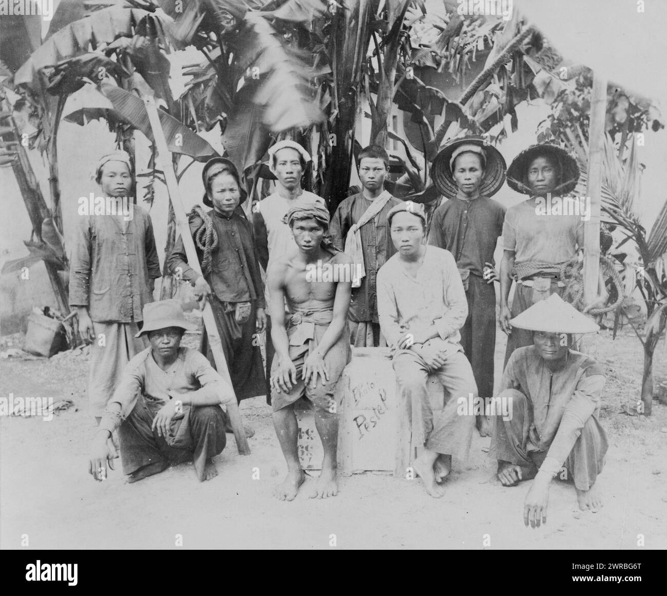 Gruppe von zehn Arbeitern, die von Palmen gestellt wurden, Saigon, Südvietnam, zwischen 1890 und 1920, Vertragsarbeiter, Vietnam, Ho-Chi-Minh-Stadt, 1890-1920, Gruppenporträts, 1890-1920., Porträtfotos, 1890-1920, Gruppenporträts, 1890-1920, 1 Fotodruck Stockfoto