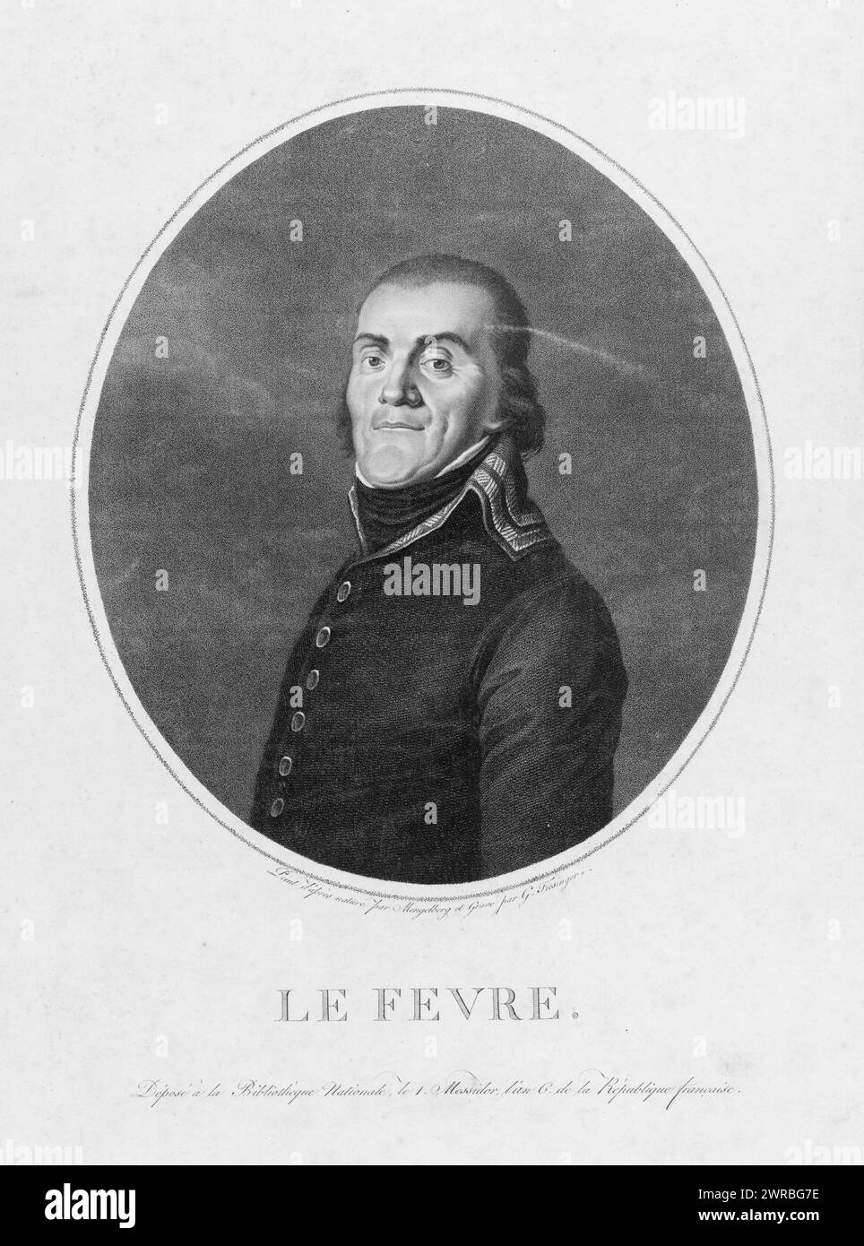 Le Fevre, peint d'après Nature par Mengelberg et gravé par G. Fiesinger., Pierre-Francois-Joseph Lefebvre, Duc de Dantzi, französischer Soldat, Marschall des Reiches, Kopf-und-Schultern-Porträt, nach links gerichtet., Fiesinger, Franz Gabriel, 1752-1807, Gravierer, zwischen 1790(?) Und 1807, Lefebvre, Pierre-Francois-Joseph, 1755-1820, Porträtdrucke, 1790-1810., Hochformatdrucke, 1790-1810, Stippelstiche, 1790-1810, 1 Aufdruck: Stippelgravur Stockfoto