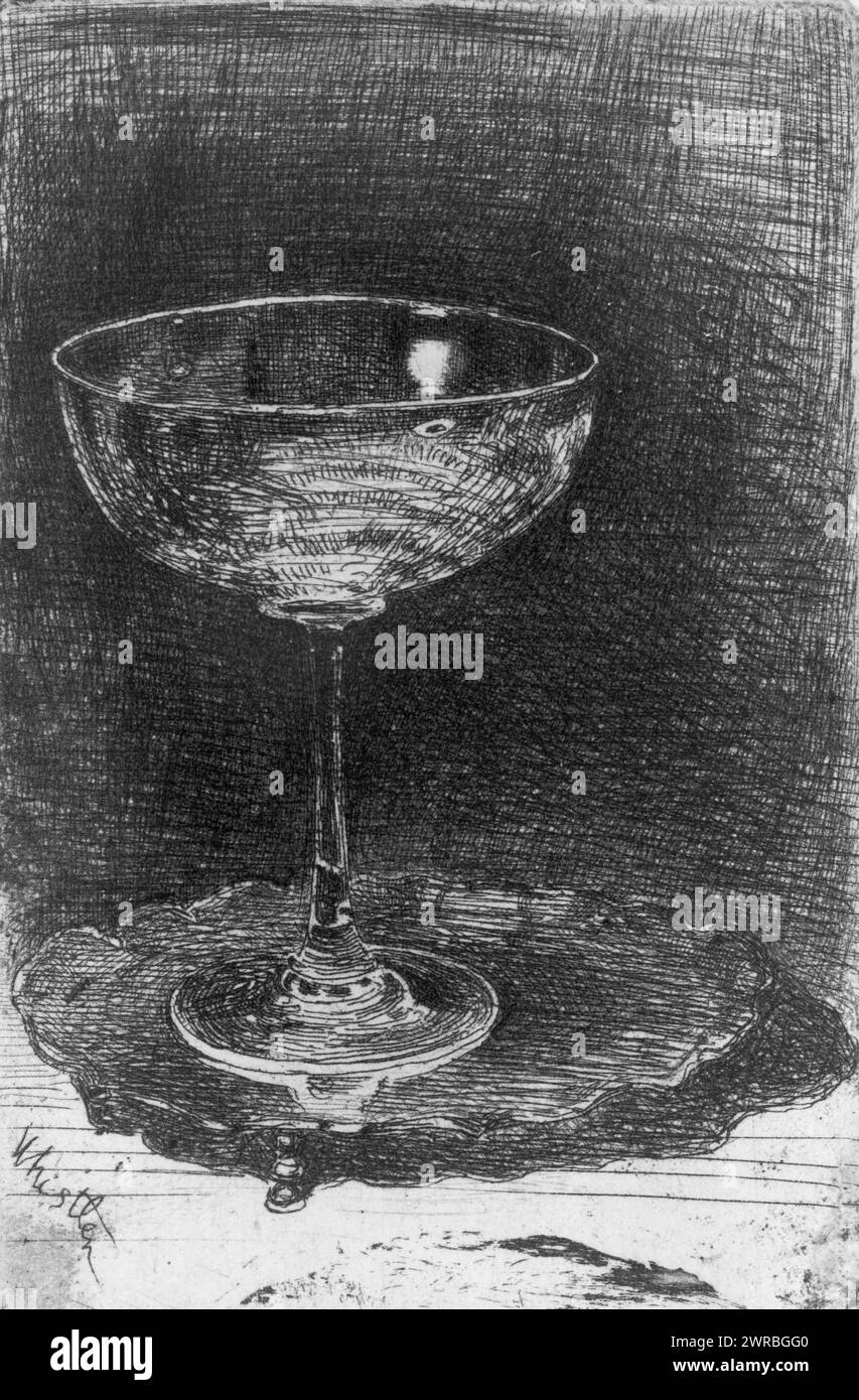 Das Weinglas, Whistler., Druck zeigt ein Schüssel- oder Becherförmiges Champagnerglas. Whistler, James McNeill, 1834-1903, Künstler, zwischen 1860 und 1903, Glaswaren, 1860-1910, Ätzungen, 1860-1910. Radierungen, 1860-1910, 1 Druck: Ätzen, 8,1 x 5,4 cm Stockfoto