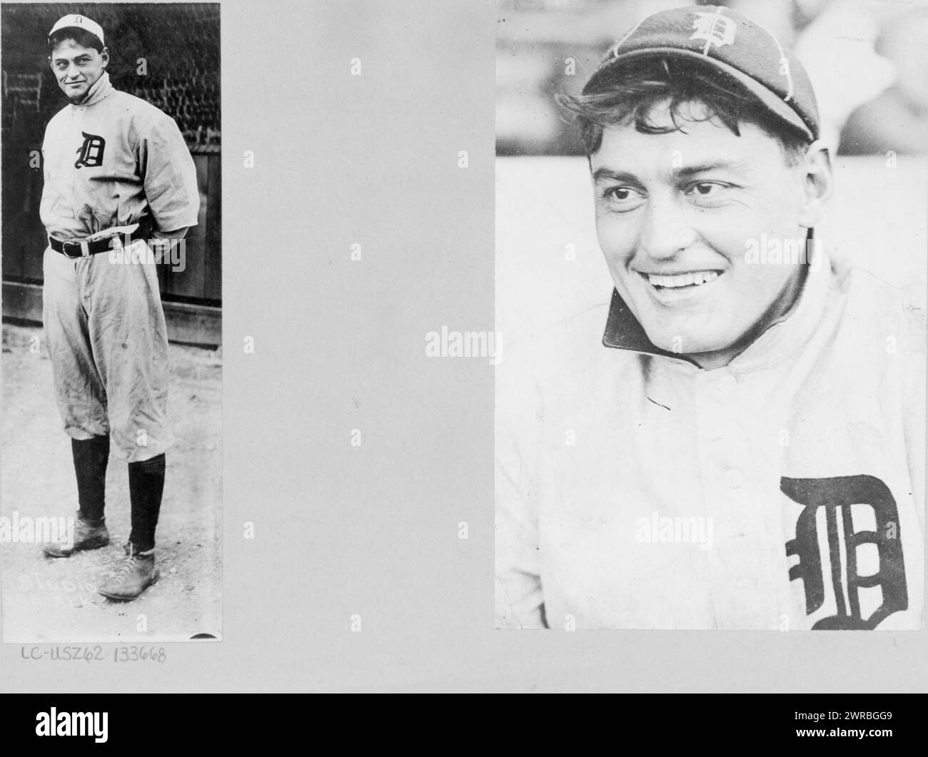 Charles Schmidt, Detroit Baseball Club Catcher, Fotografien zeigen (links) Charles Schmidt, volllanges Porträt, in Uniform, nach vorne gerichtet und (rechts) Charles Schmidt, Kopf-und-Schultern-Porträt, in Uniform, nach links gerichtet., 1909, Schmidt, Charles, 1880-1932, Sport, Fotodrucke, 1900-1920., Porträtfotos, 1900-1920, Fotodrucke, 1900-1920, 2 Fotodrucke auf einer Halterung Stockfoto