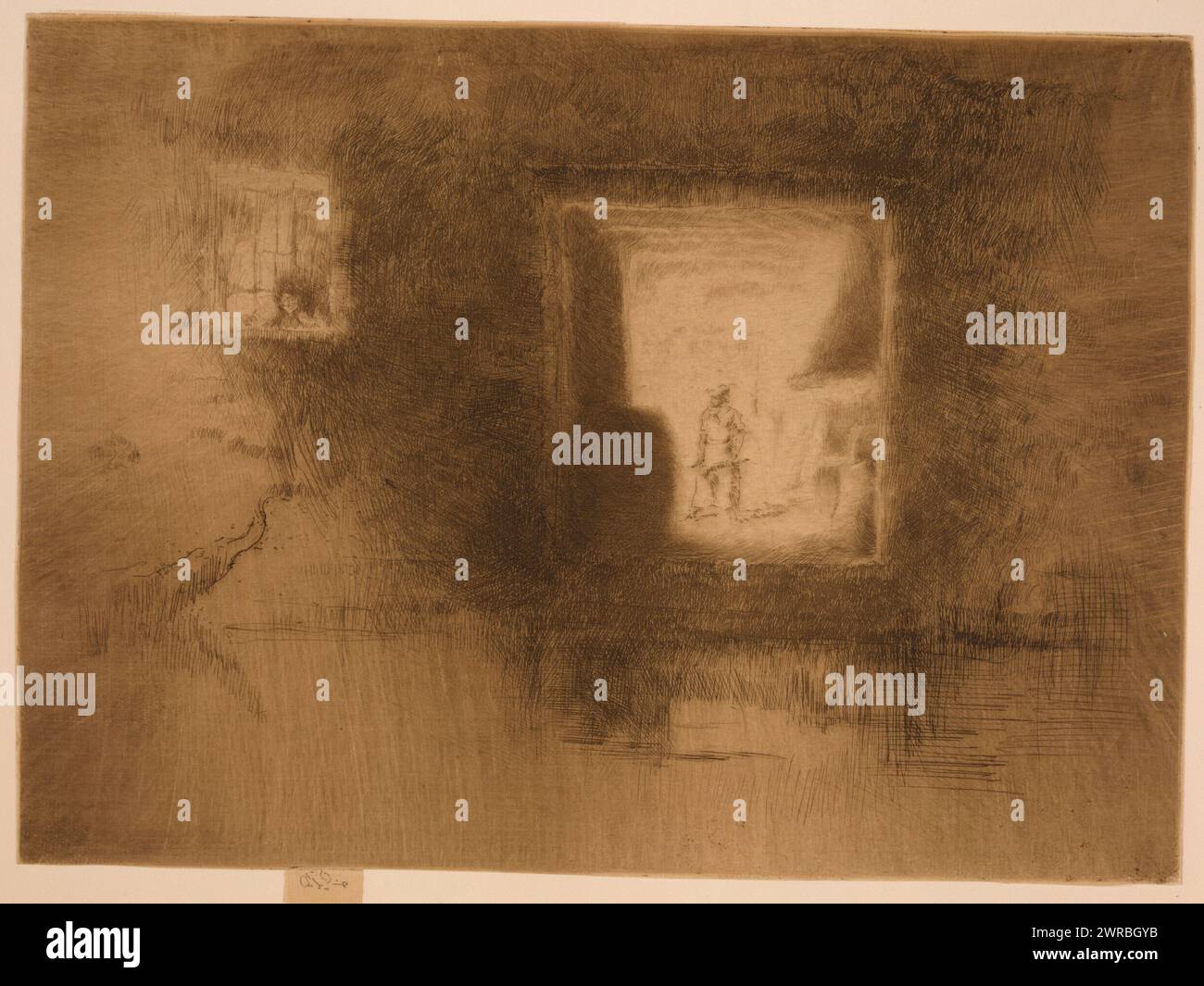 Nocturne - Ofen, Schmetterlingsmonogramm., Druck, der das Äußere eines Ofens bei Nacht mit Blick durch die Öffnung des hell beleuchteten Innenraums und eines Mannes bei der Arbeit zeigt., Whistler, James McNeill, 1834-1903, Künstler, London: Dowdeswell and Dowdeswell, 1886, Ofenanlagen, Italien, Venedig, 1880-1890, Radierungen, 1880-1890., Radierungen, 1880-1890, 1 Druck: Ätzen Stockfoto