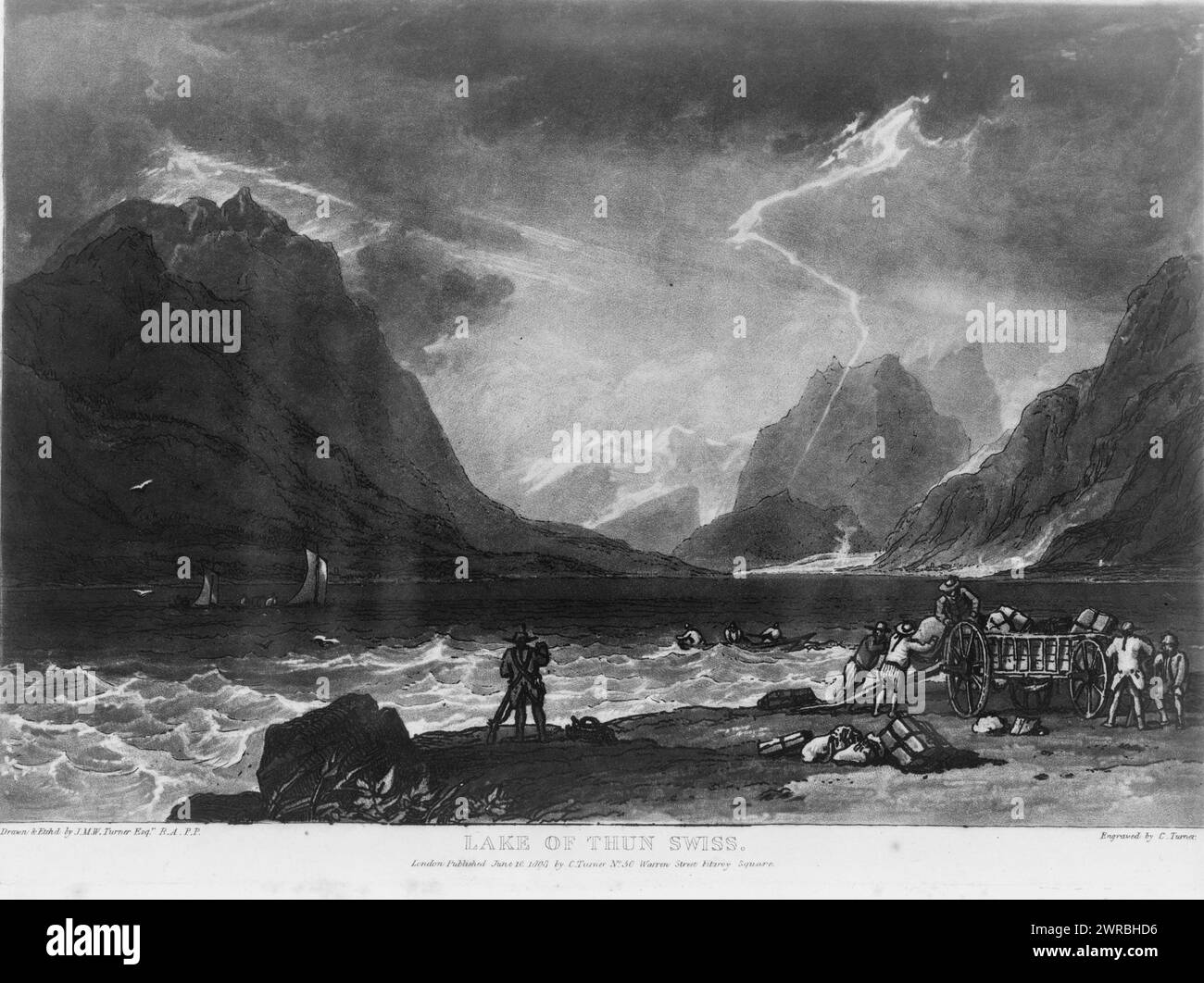 Thunersee, Schweiz, Draw & Etch'd Von J.M.W. Turner, graviert von C. Turner., Druck zeigt See mit Menschen in Booten und einigen Menschen, die an Land um einen Wagen arbeiten., Turner, J. M. W. (Joseph Mallord William), 1775-1851, Künstler, London: Veröffentlicht am 10. Juni 1808 ..., 1808, Lakes & Ponds, Schweiz, Thun, Lake of, 1800-1810, Radierungen, 1800-1810. Radierungen, 1800-1810, Mezzotints, 1800-1810, 1 Druck: Ätzen und Mezzotint, 20,8 x 28,9 cm Stockfoto