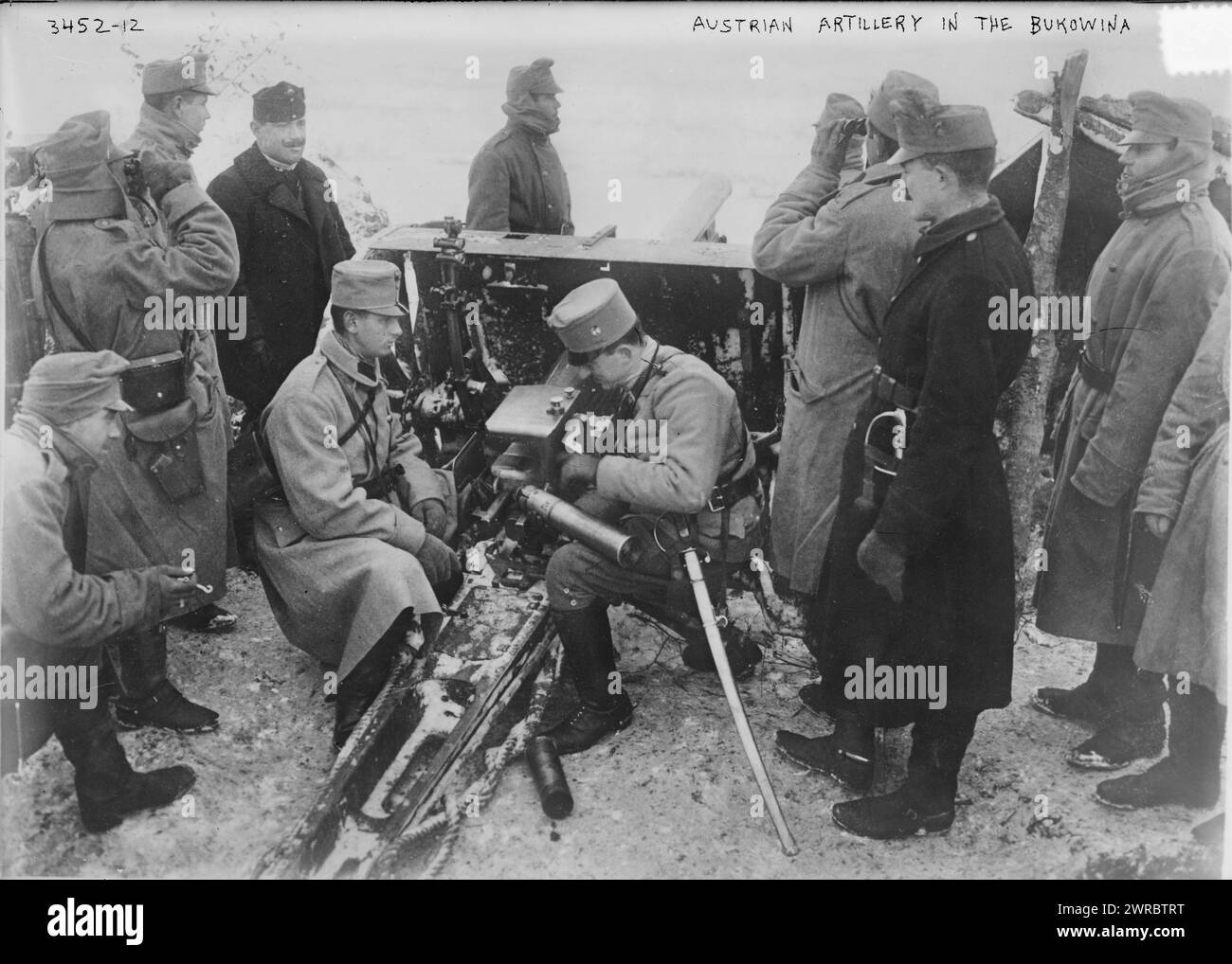 Österreichische Artillerie in der Bukowina, Foto zeigt österreichische Artilleriesoldaten in der Bukowina während des Ersten Weltkriegs Die Bukowina war damals Teil des Österreichischen Reiches und befindet sich heute in Rumänien und der Ukraine. 1914 und ca. 1915, Weltkrieg, 1914-1918, Glasnegative, 1 negativ: Glas Stockfoto