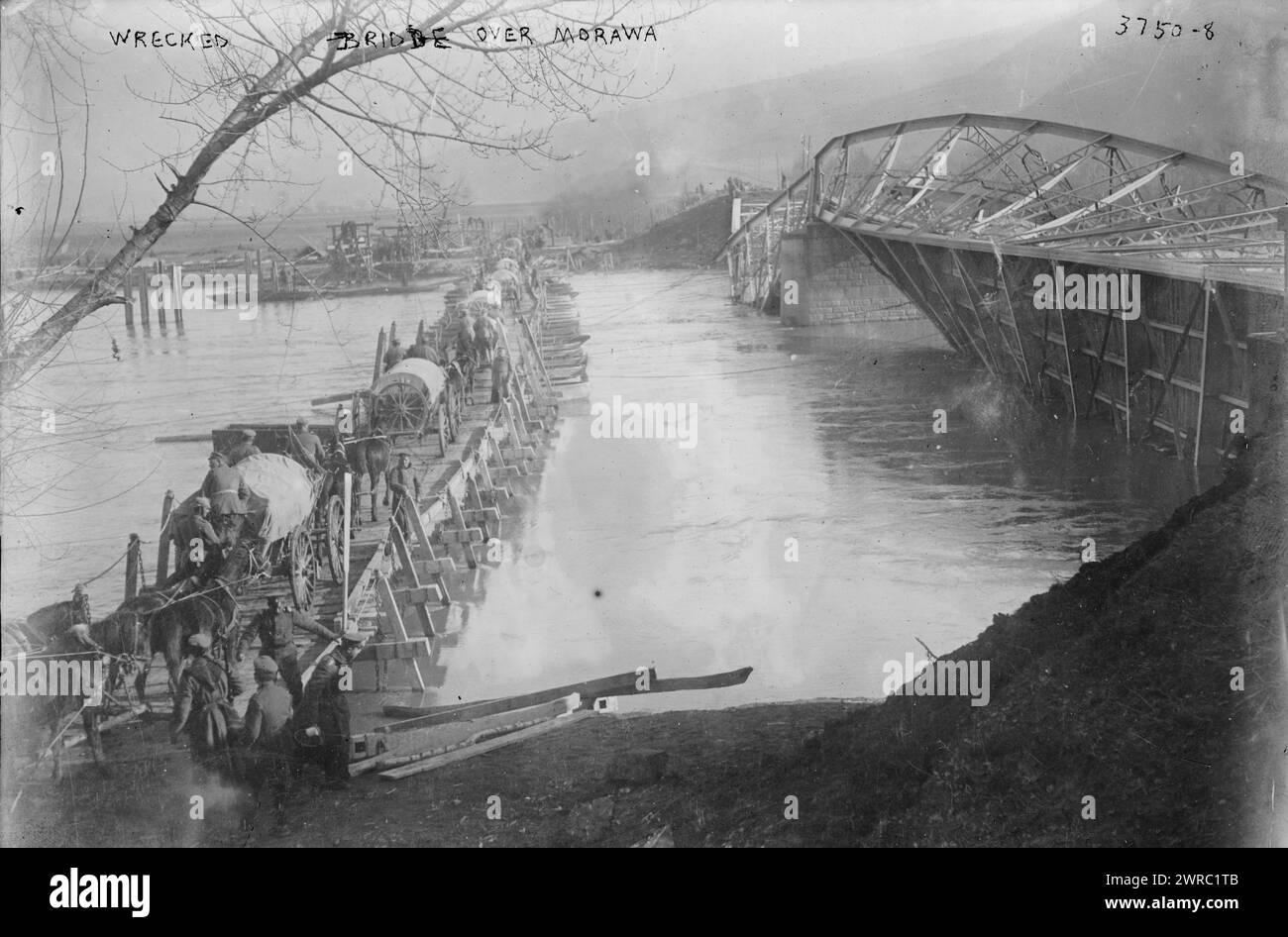 Die zerstörte Brücke über Morawa, d. h. Morava, das Foto zeigt eine Brücke über den Fluss Morava, Serbien während des Ersten Weltkriegs, zwischen ca. 1915 und ca. 1920, Weltkrieg, 1914-1918, Glasnegative, 1 negativ: Glas Stockfoto