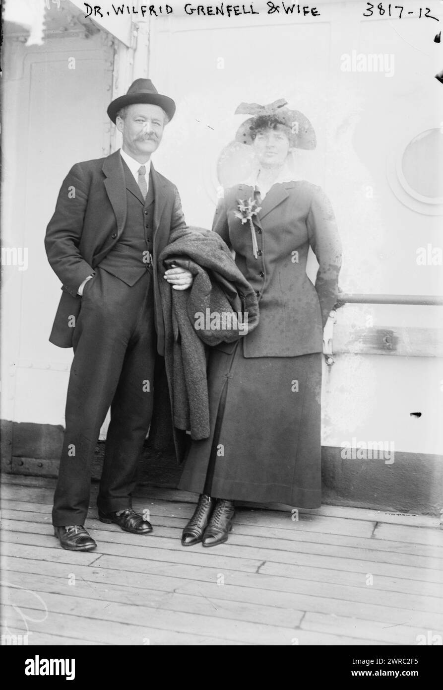Dr. Wilfrid Grenfell & Frau, Foto zeigt Sir Wilfred Thomason Grenfell (1865–1940), einen medizinischen Missionar in Neufundland und Labrador, der 1909 Anne Elizabeth Caldwell MacClanahan heiratete. 1915 und ca. 1920, Glasnegative, 1 negativ: Glas Stockfoto