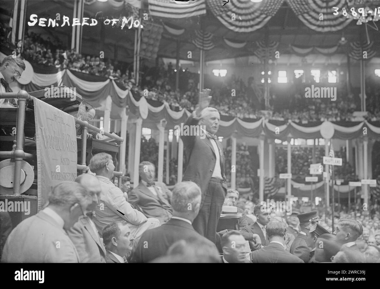 Senator Reed von Mo., Foto zeigt Senator James Alexander Reed (1861–1944) aus Missouri auf der Democratic National Convention 1916 in der St. Louis Coliseum in St. Louis, Missouri vom 14.-16. Juni 1916, Glas-negative, 1 negativ: Glas Stockfoto