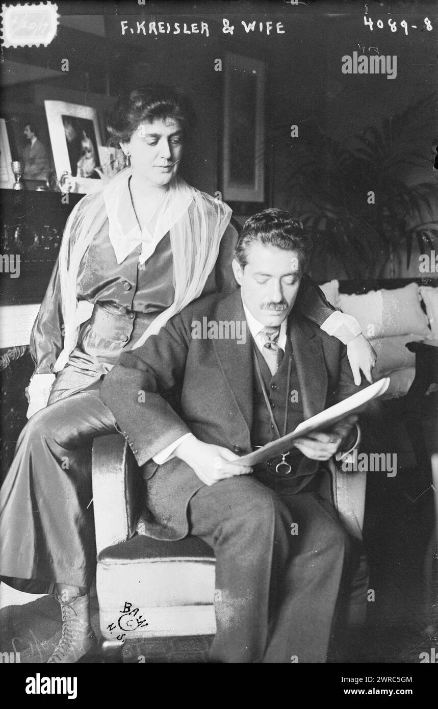 F. Kreisler & Frau, Foto zeigt Geiger und Komponist Fritz Kreisler (1875-1962) mit seiner Frau Harriet., 1917 Februar 20, Glasnegative, 1 negativ: Glas Stockfoto