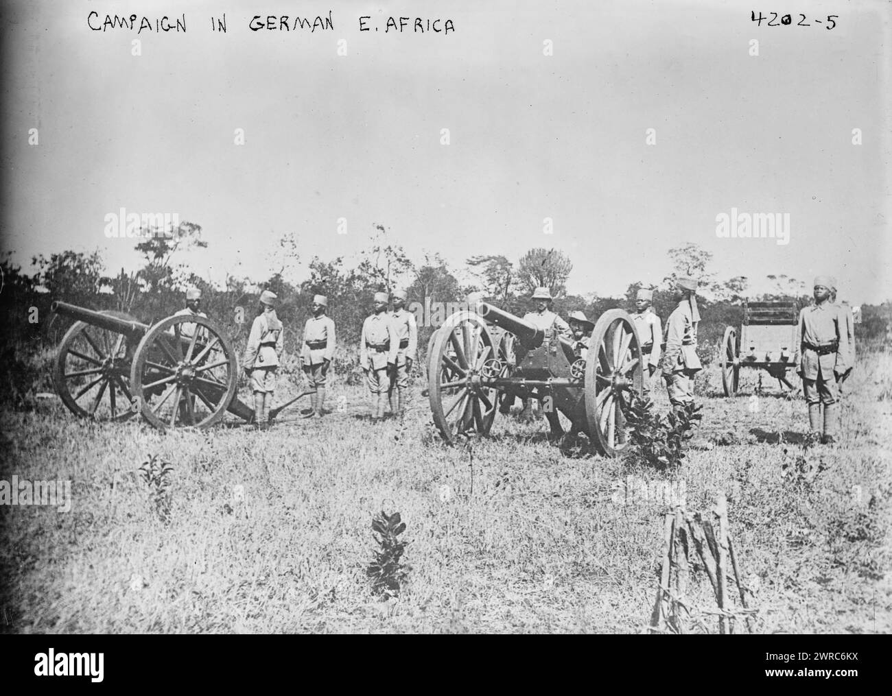 Das Foto zeigt afrikanische Soldaten mit Kanonen und europäische Offiziere während des Ostafrikanischen Feldzugs während des Ersten Weltkriegs, zwischen ca. 1915 und 1918, Weltkrieg, 1914-1918, Glasnegative, 1 negativ: Glas Stockfoto