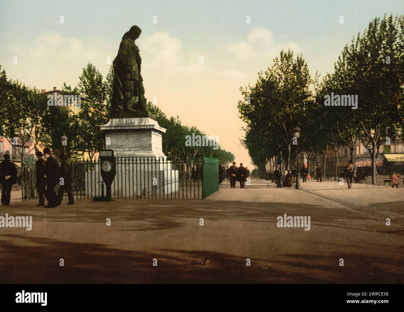 Statue Paul Riquet und die Allées, Béziers, Frankreich, zwischen ca. 1890 und ca. 1900., Farbe, 1890-1900 Stockfoto